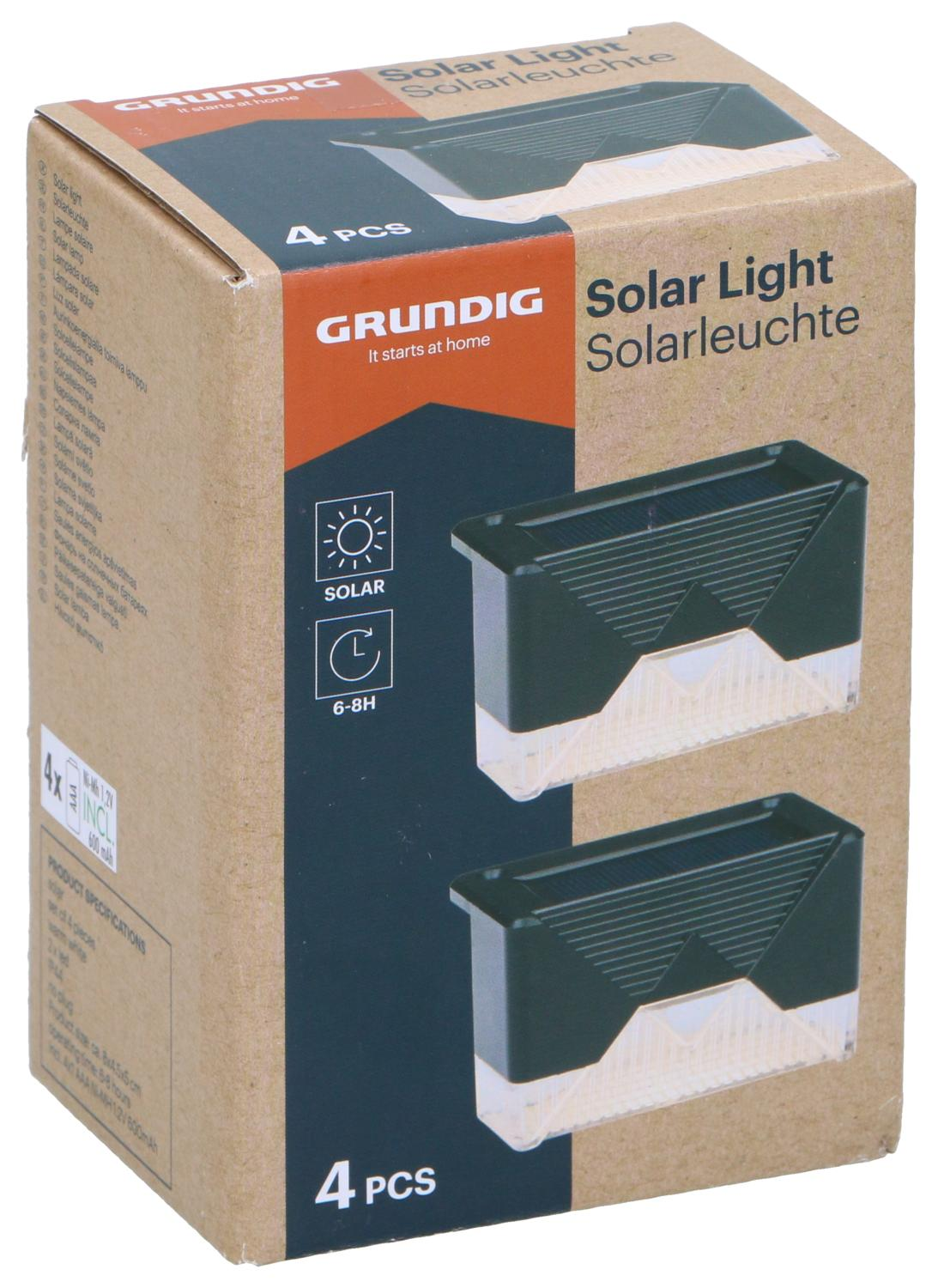 A brown box of solar lights. Four lights are visible on the box, with a white background.