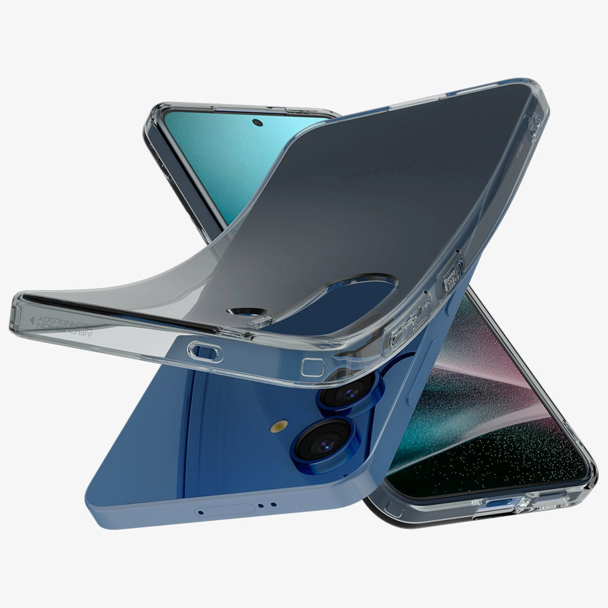 Deux téléphones avec un étui transparent, un avec un dos bleu, l'autre au-dessus.