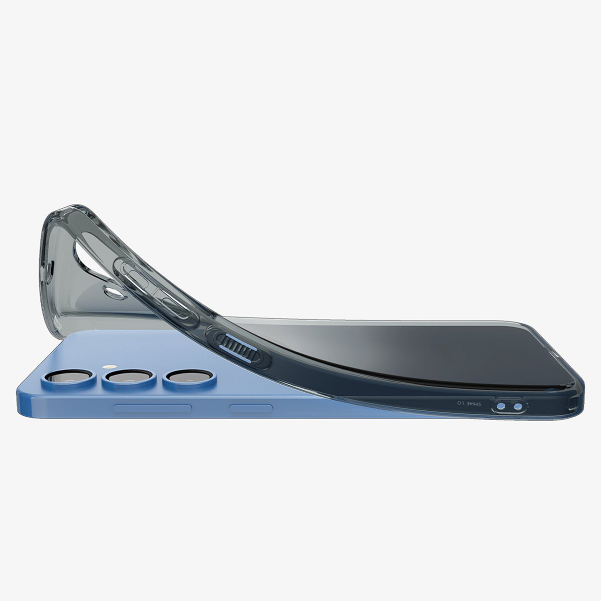 Un téléphone bleu avec une coque transparente. Le téléphone est sur le côté. La coque est légèrement ouverte.