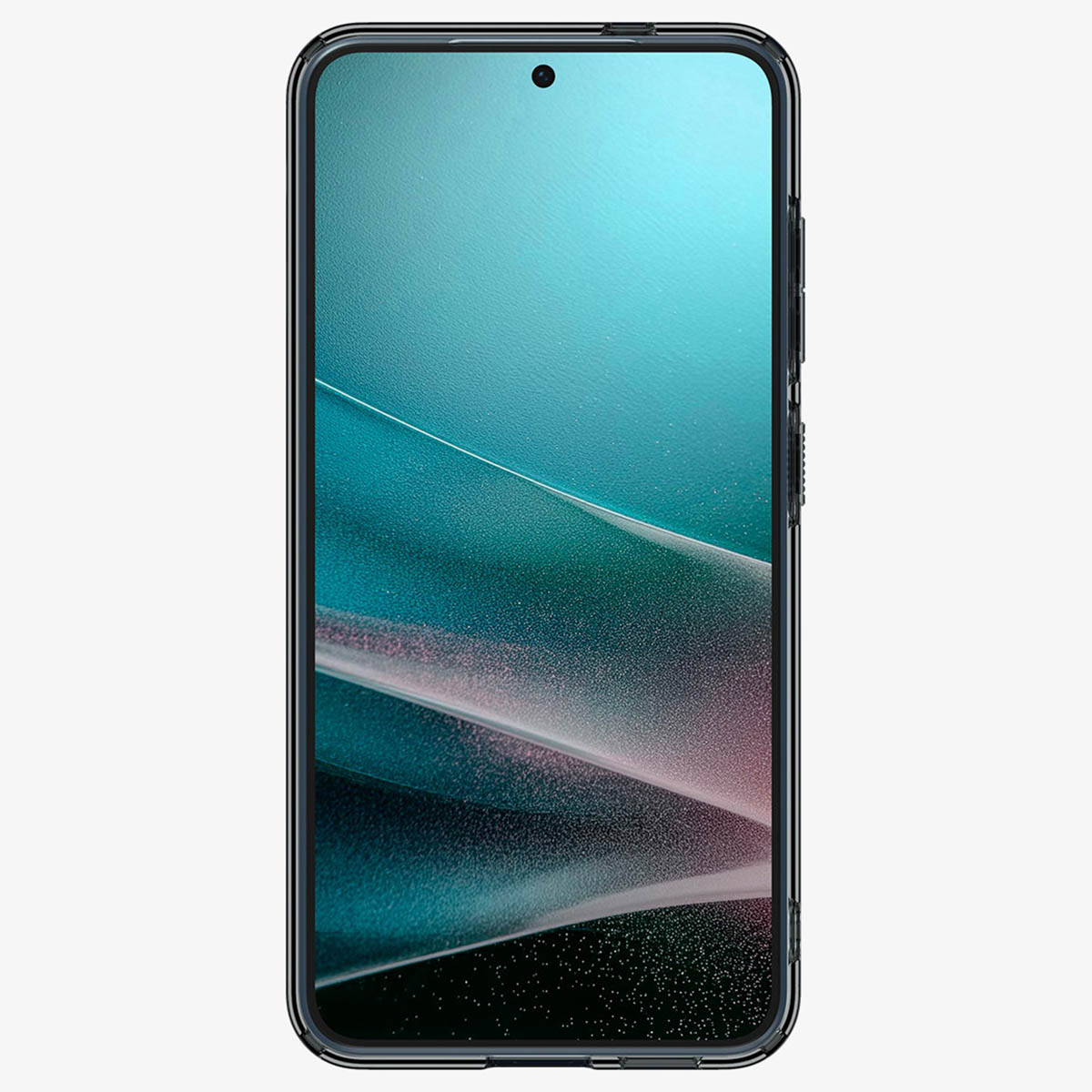 Un téléphone bleu marine avec un écran affichant une image colorée, à l'intérieur d'une coque transparente.