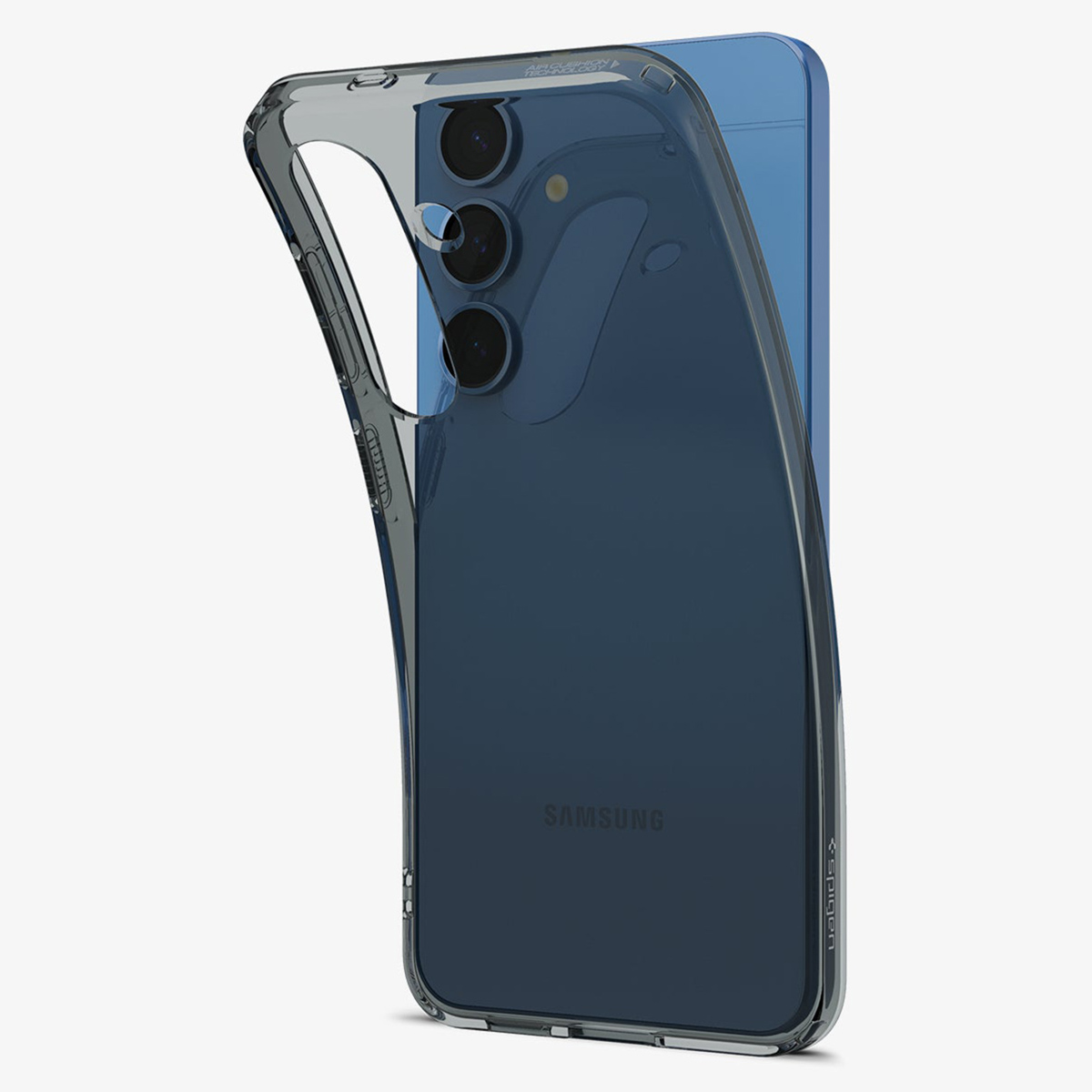 Un smartphone à l'intérieur d'une coque de protection transparente. Le téléphone est bleu, la coque est partiellement retirée.