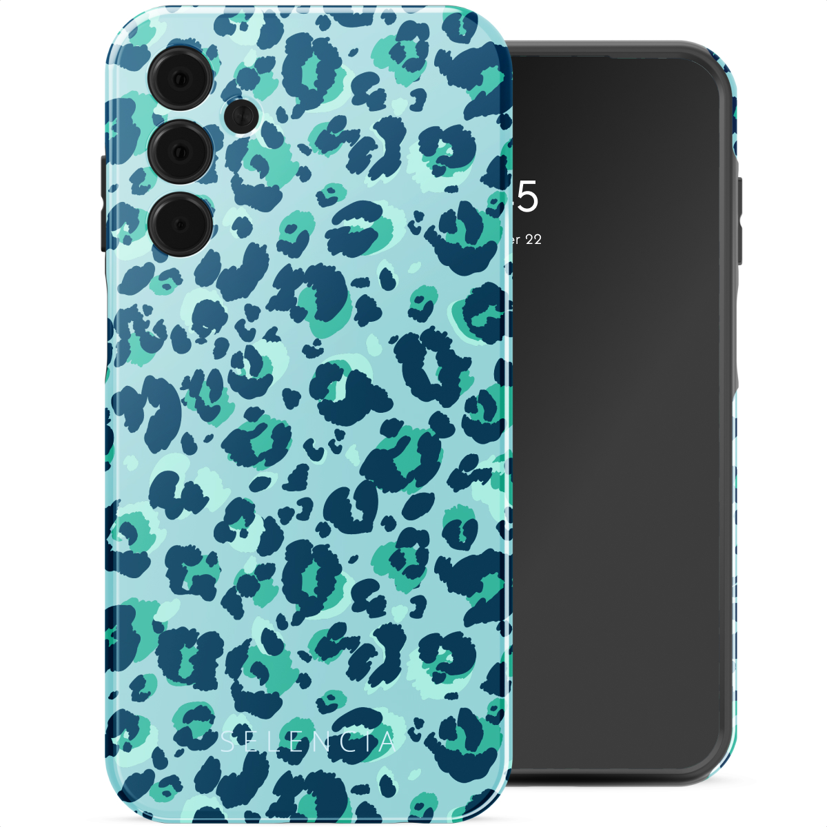 Custodia per telefono con un motivo leopardato blu e verde. Il telefono è all'interno della custodia. Ha tre fotocamere.