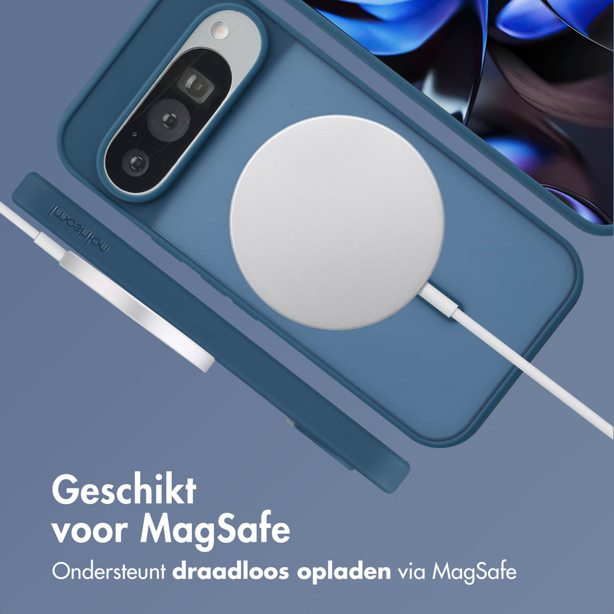 Transparante telefoonhoes met telefoon en draadloze oplader. De telefoon zit aan de achterkant.