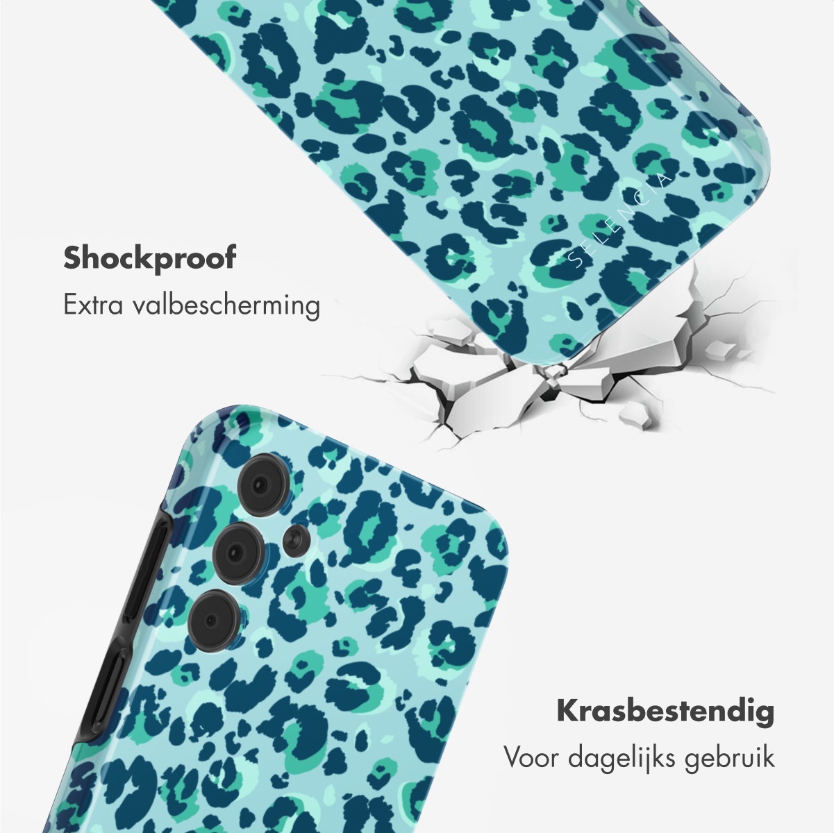 Custodia per telefono con stampa leopardata con crepe intorno. Antiscossa e antigraffio. Per l'uso quotidiano.