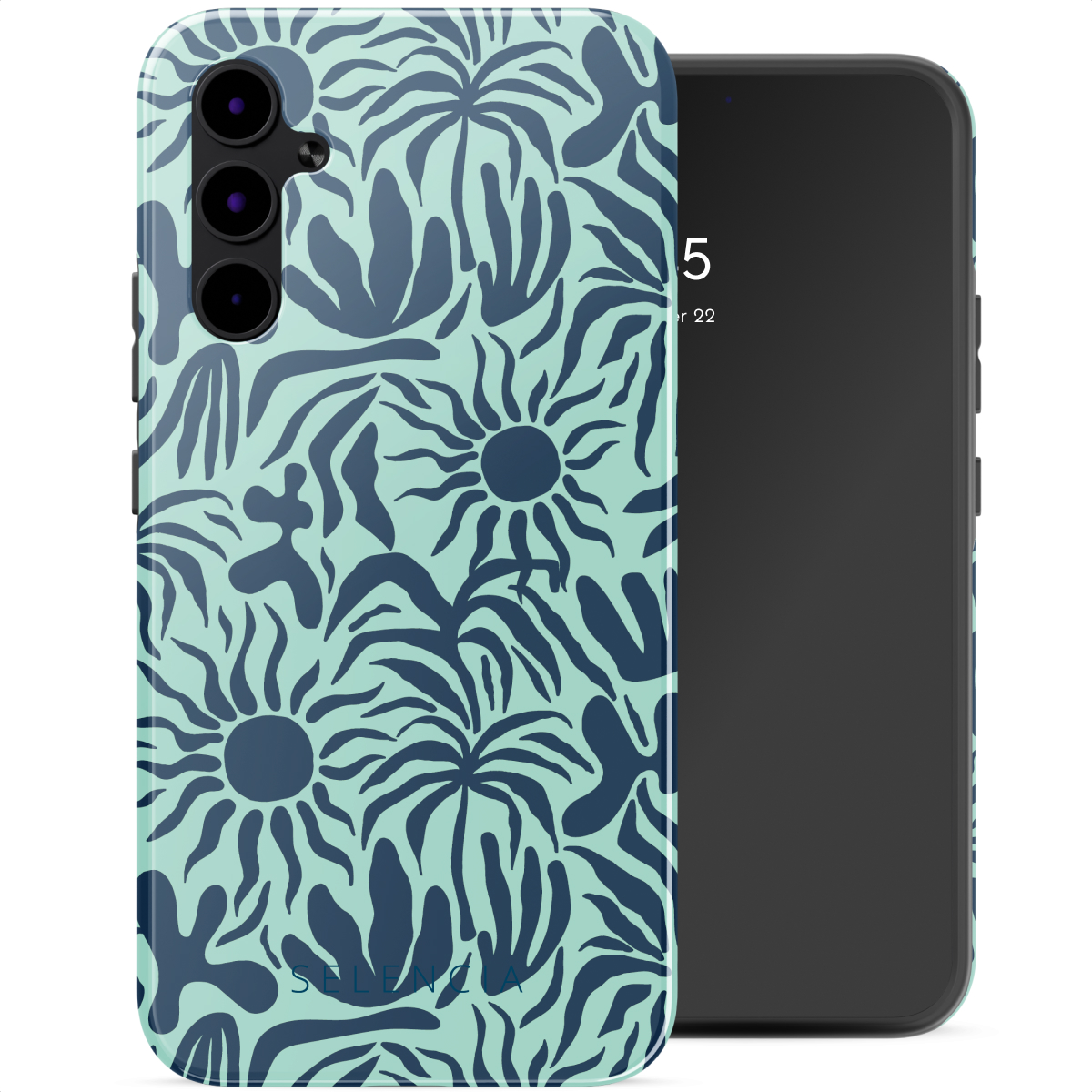 Telefoon met een hoesje met een bloemmotief van blauwe en groene vormen. Zwarte telefoon.
