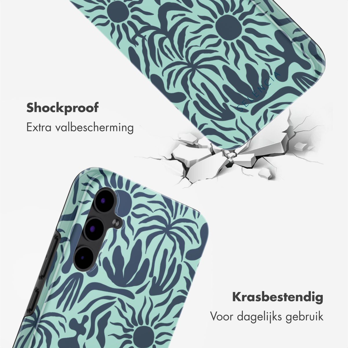 Telefoonhoesje met een blauw en grijs bloemenpatroon. De hoes ligt op scheuren. Hoes is schokbestendig en krasbestendig.