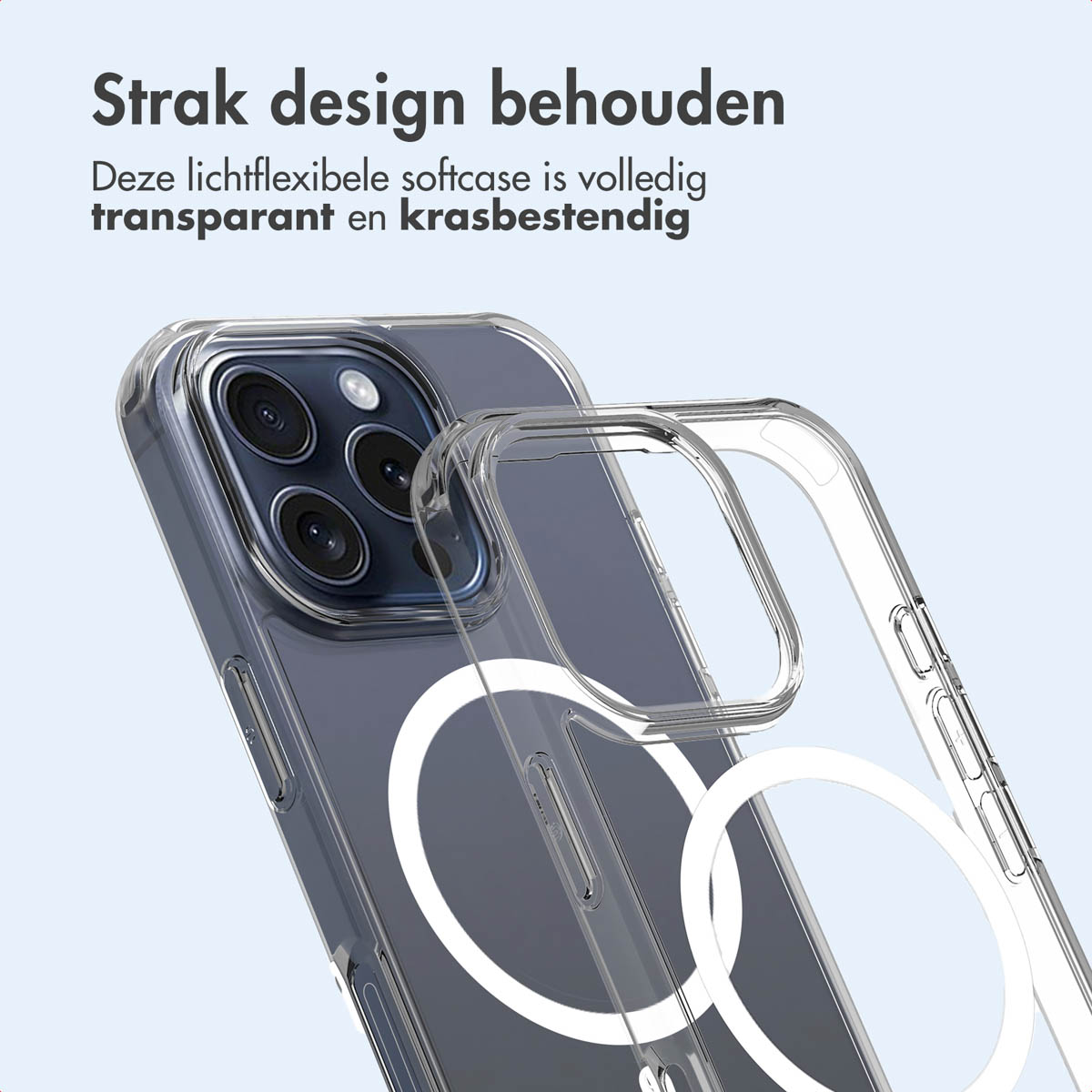 Un telefono in una custodia trasparente con un anello attorno alla fotocamera.