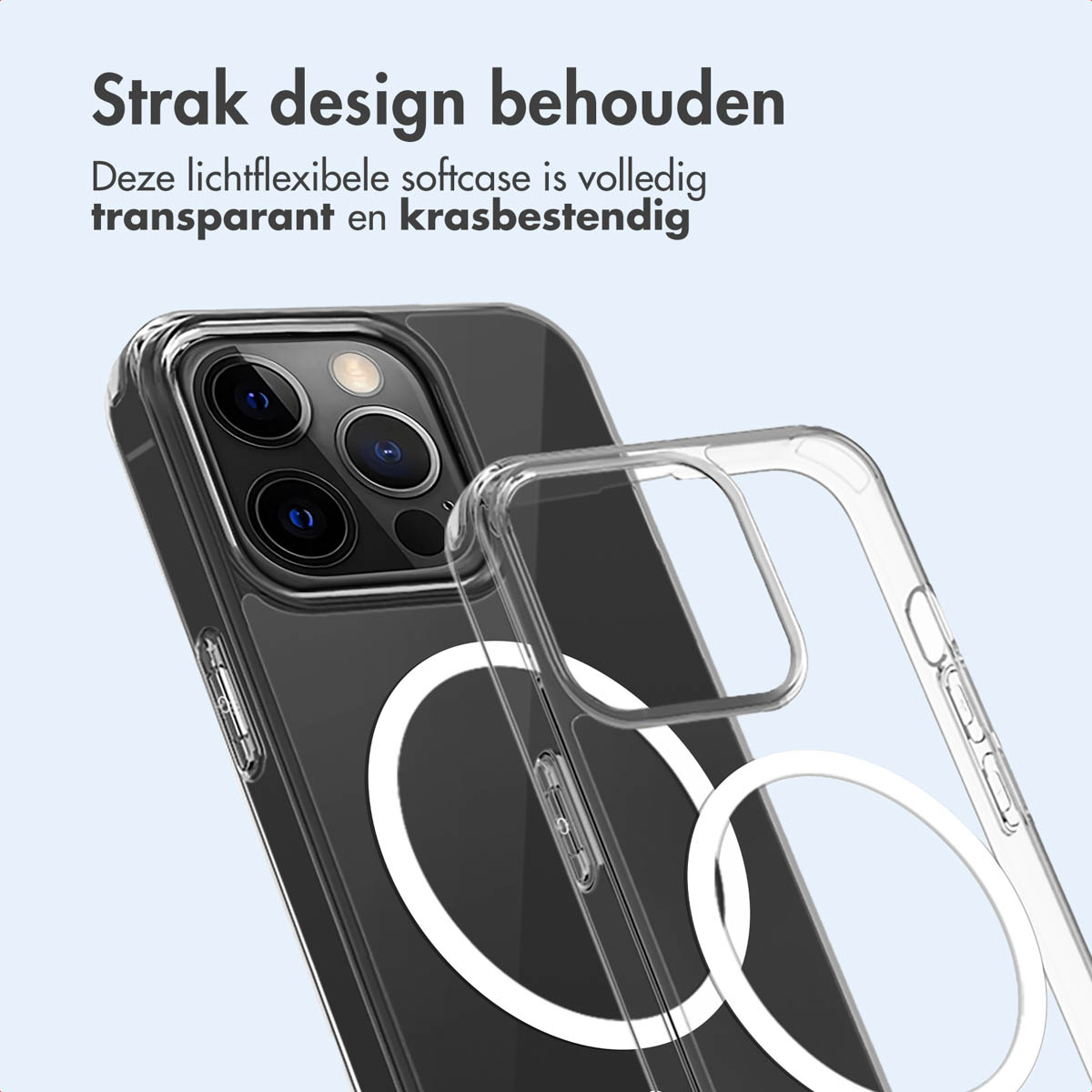 Uno smartphone all'interno di una custodia protettiva trasparente. La custodia ha un anello bianco.