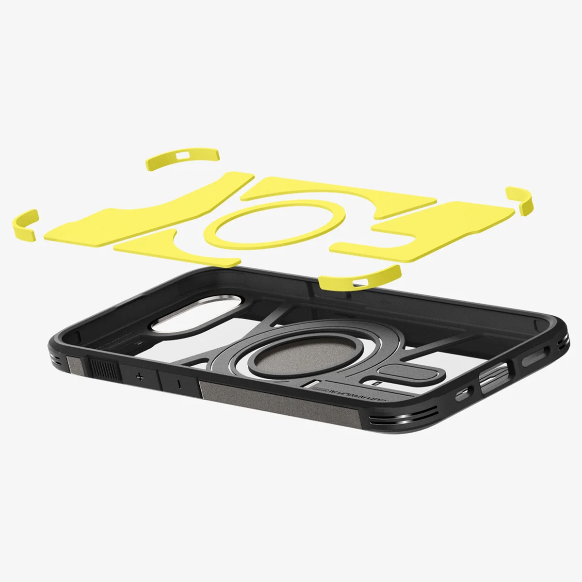 Componenti della custodia del telefono: cornice nera, anello giallo, copertura trasparente e parti. Isolato su bianco.