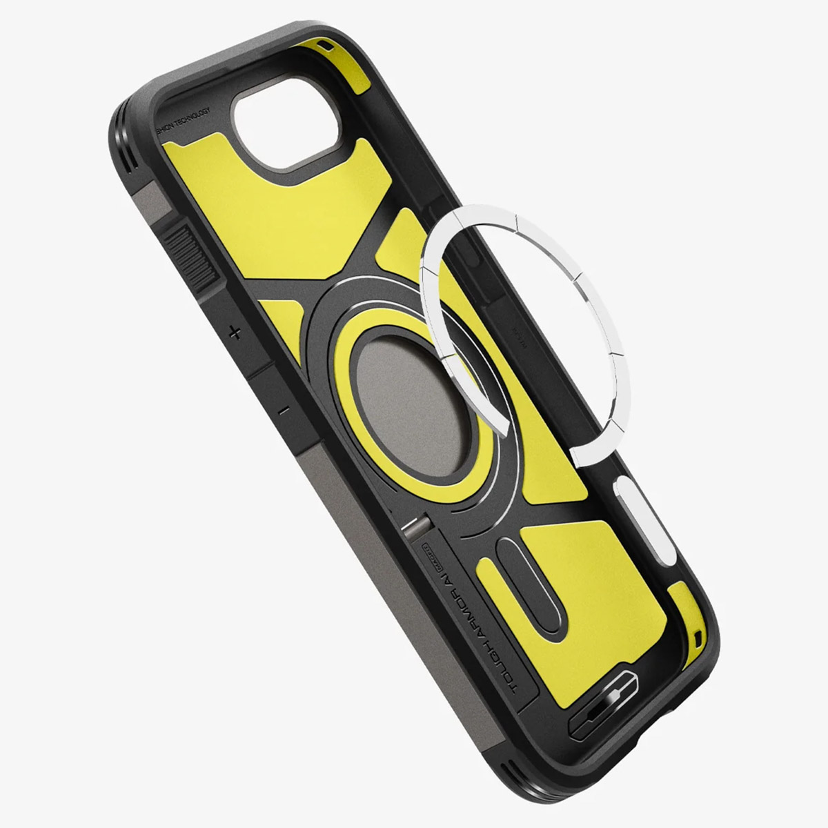 Custodia per telefono con interno giallo. L'interno è circondato da una cornice nera.