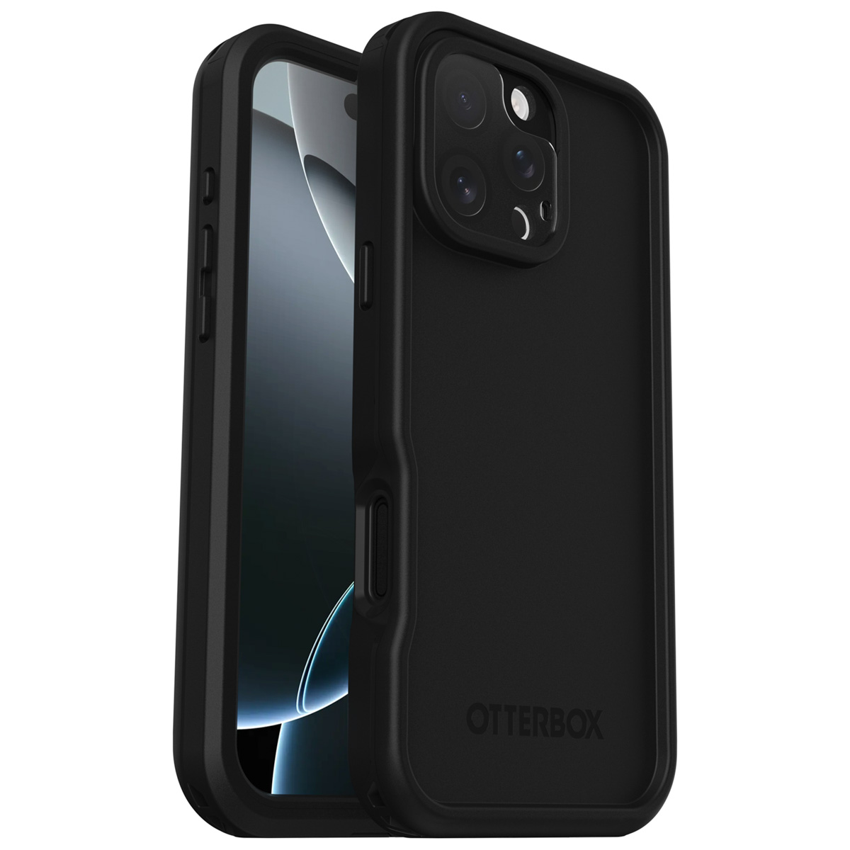 Zwarte Otterbox telefoonhoes, met een telefoon gedeeltelijk erin.