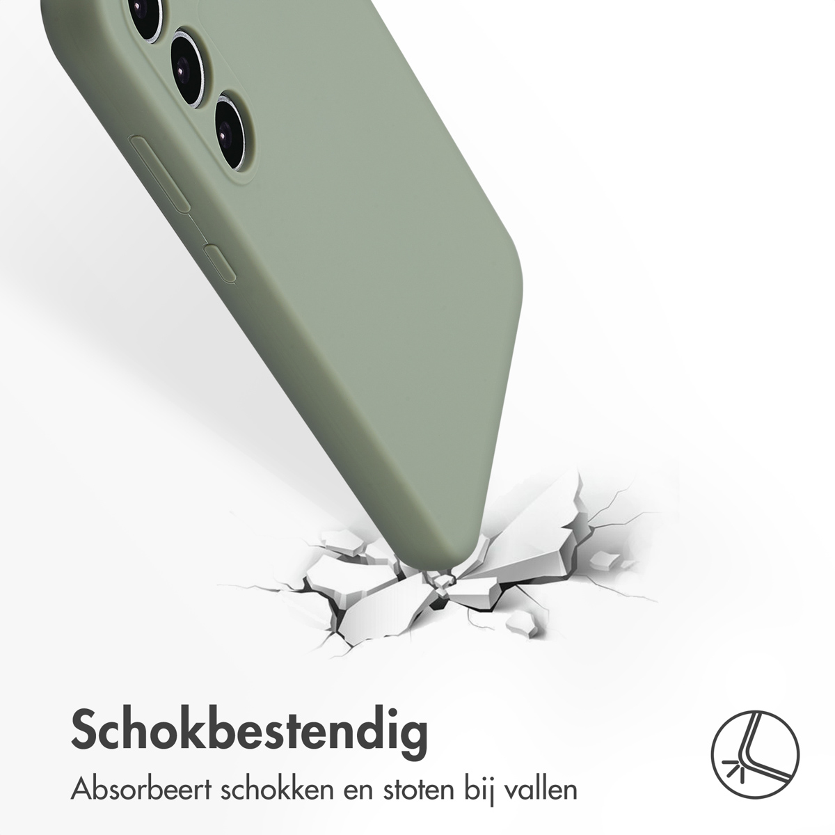 Eine hellgrüne Handyhülle, die auf eine Oberfläche prallt und Risse verursacht.