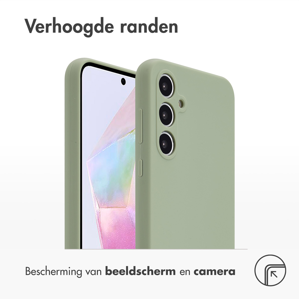 Grüne Handyhülle mit Telefon. Hülle bedeckt Telefon, Kameralinsen sind sichtbar.