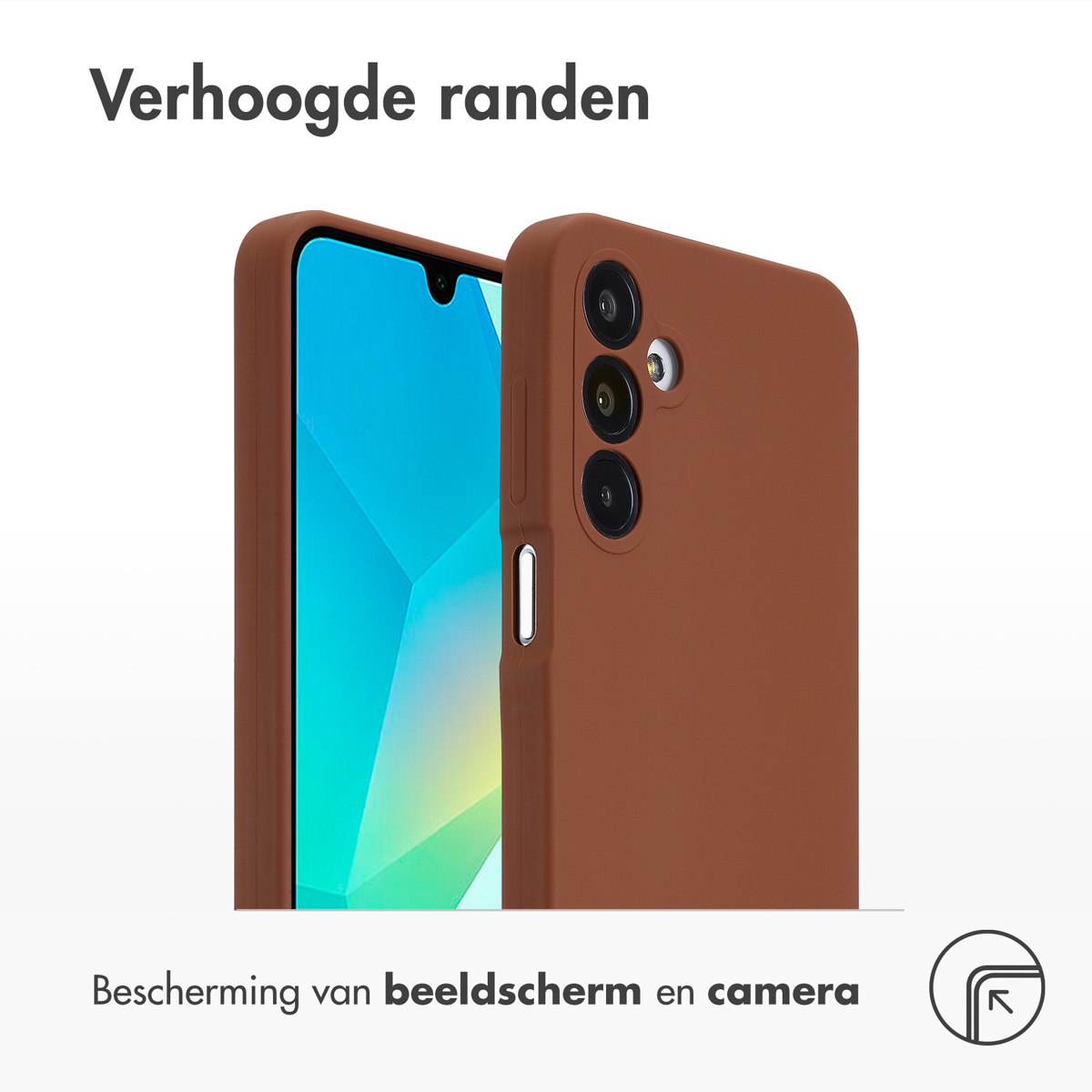 Zwei Handyhüllen, braun. Eine zeigt Kamera, die andere Seite. Text unten.