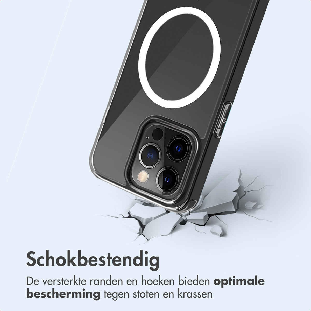 De telefoon met doorzichtige hoes op de kapotte vloer met witte ring.