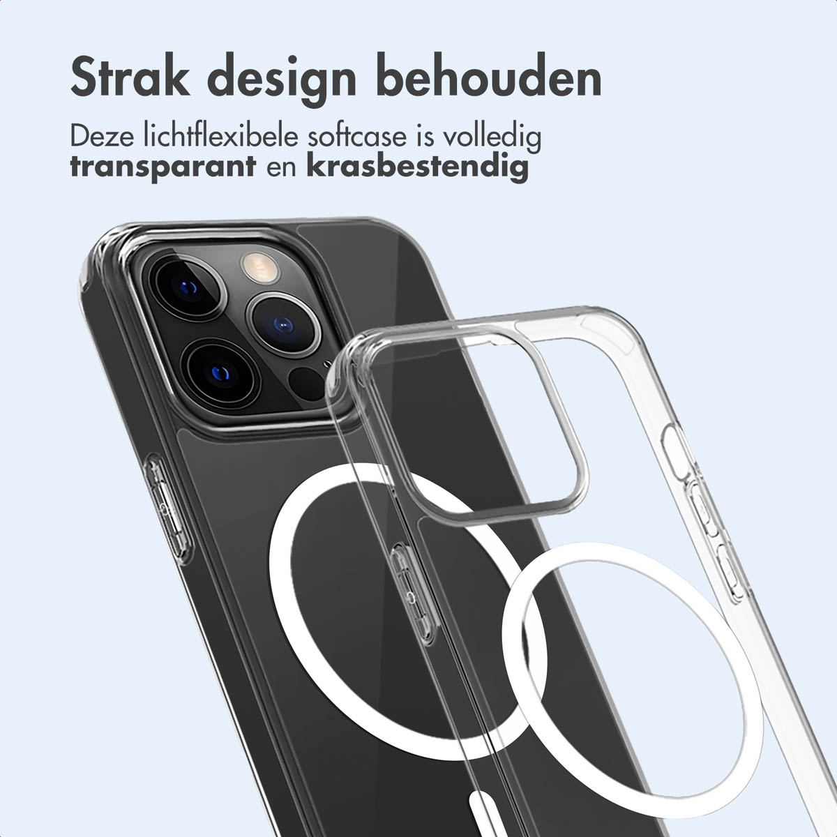 Transparante telefoonhoes met een telefoon. Tekst: Behoud het design, transparant en krasbestendig.