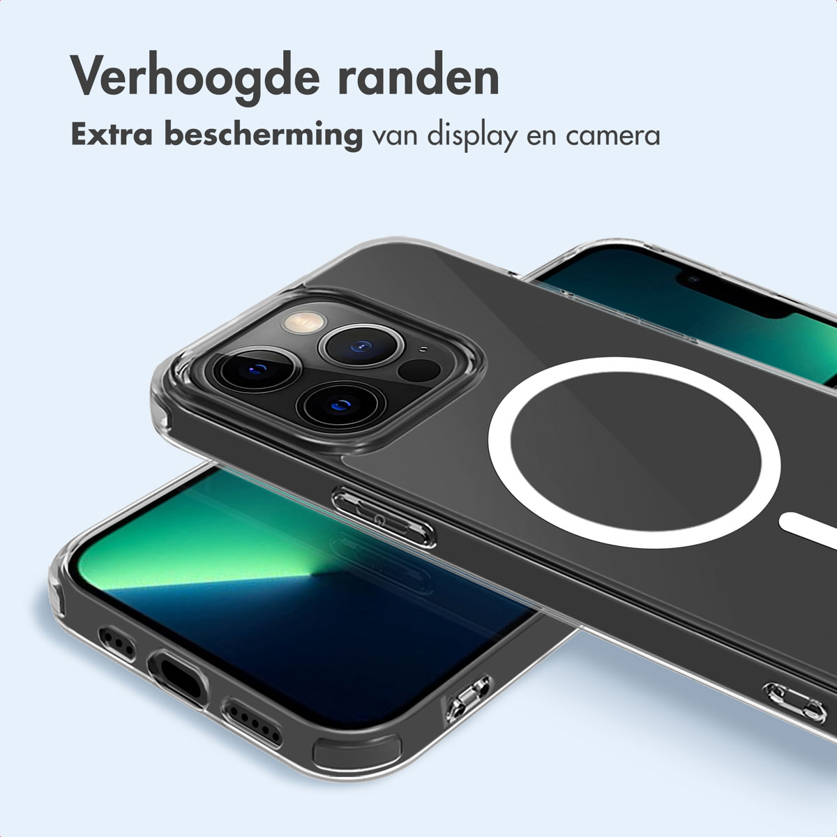 Transparante telefoonhoes op een telefoon. Tekst bovenaan. Zwarte hoes met een witte ring.
