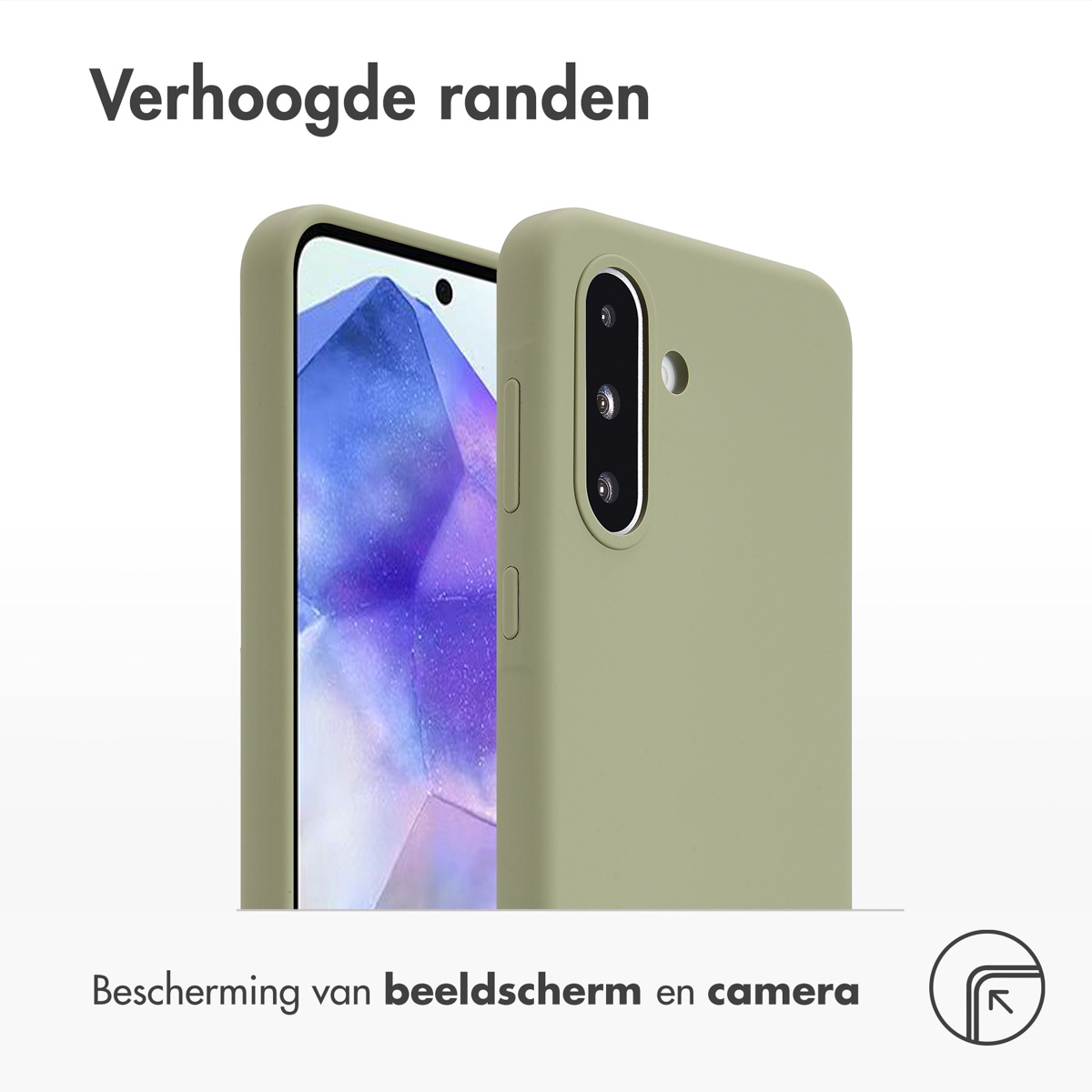 Twee telefoons: Eén in een groene hoes, de andere toont het scherm, met tekst: Extra bescherming.