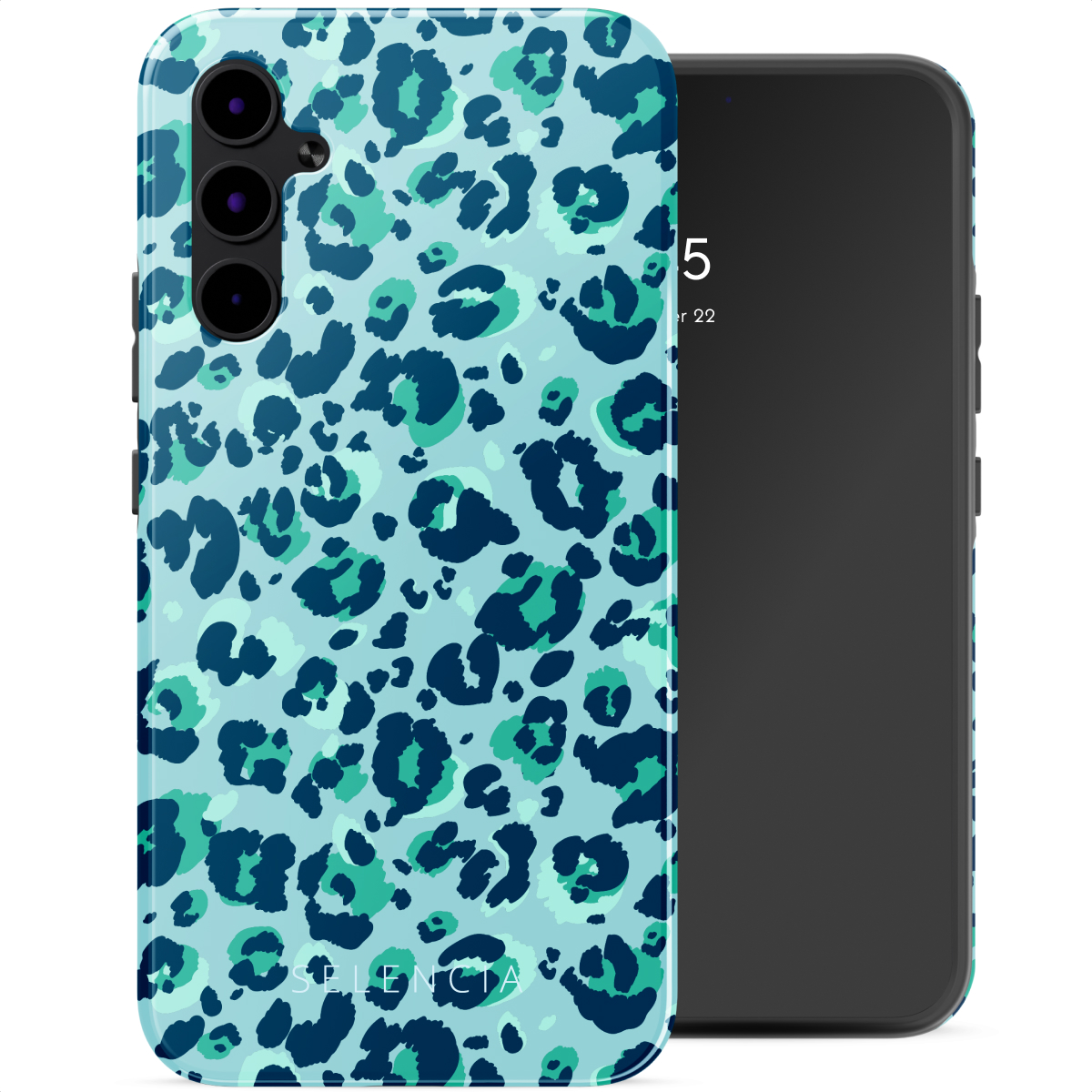 Blauw telefoonhoesje met een groene en donkerblauwe luipaardprint op een witte achtergrond.