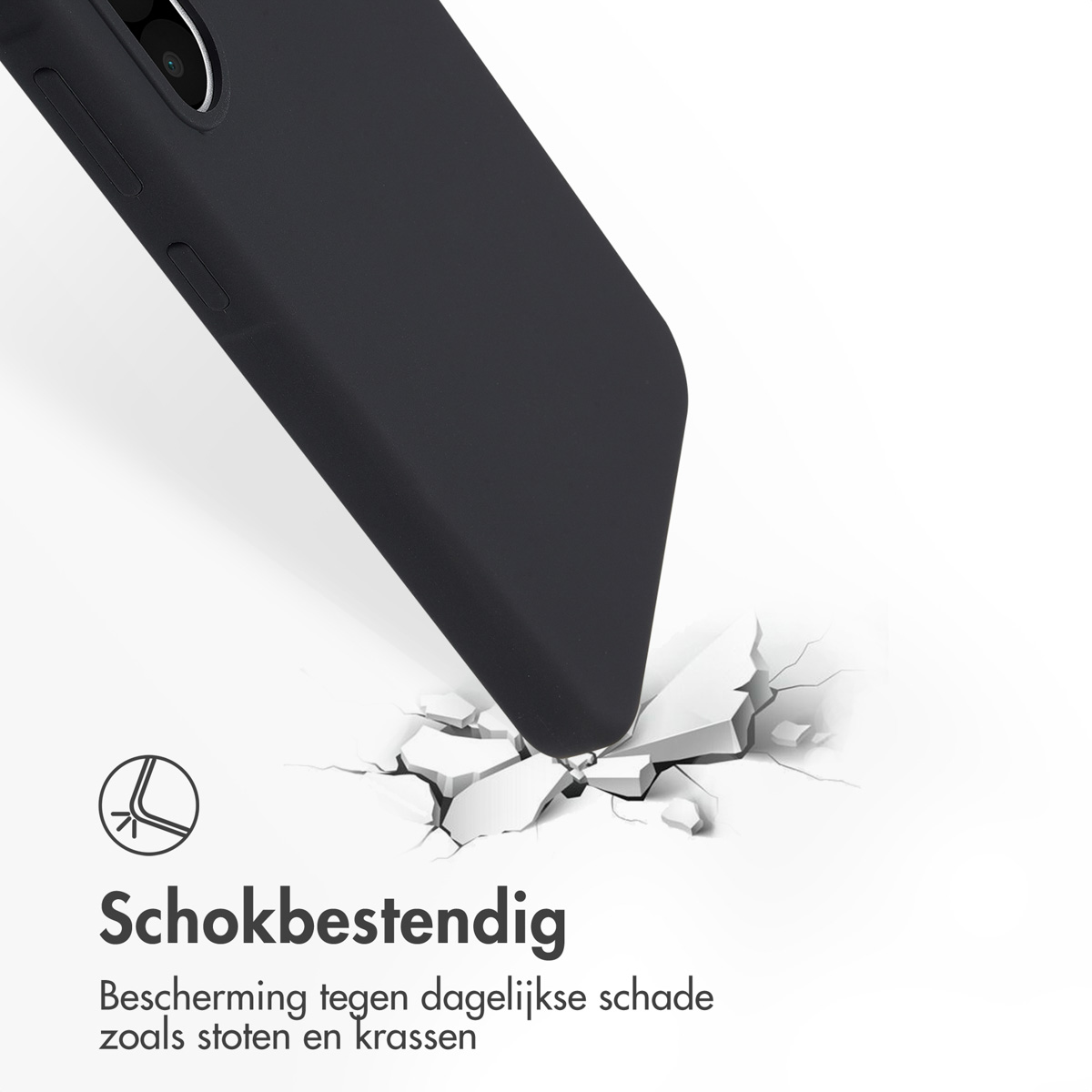 Une coque de téléphone noire avec des lignes et des fissures blanches, sur fond blanc.
