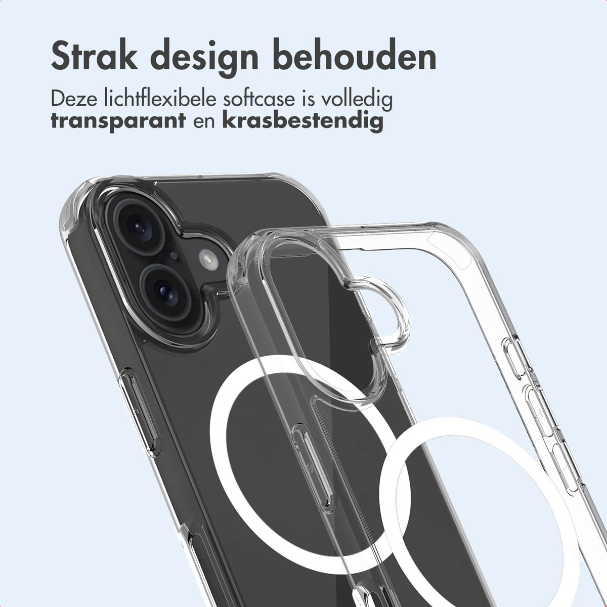 Custodia trasparente con telefono. Cerchio MagSafe bianco visibile sul retro del telefono.