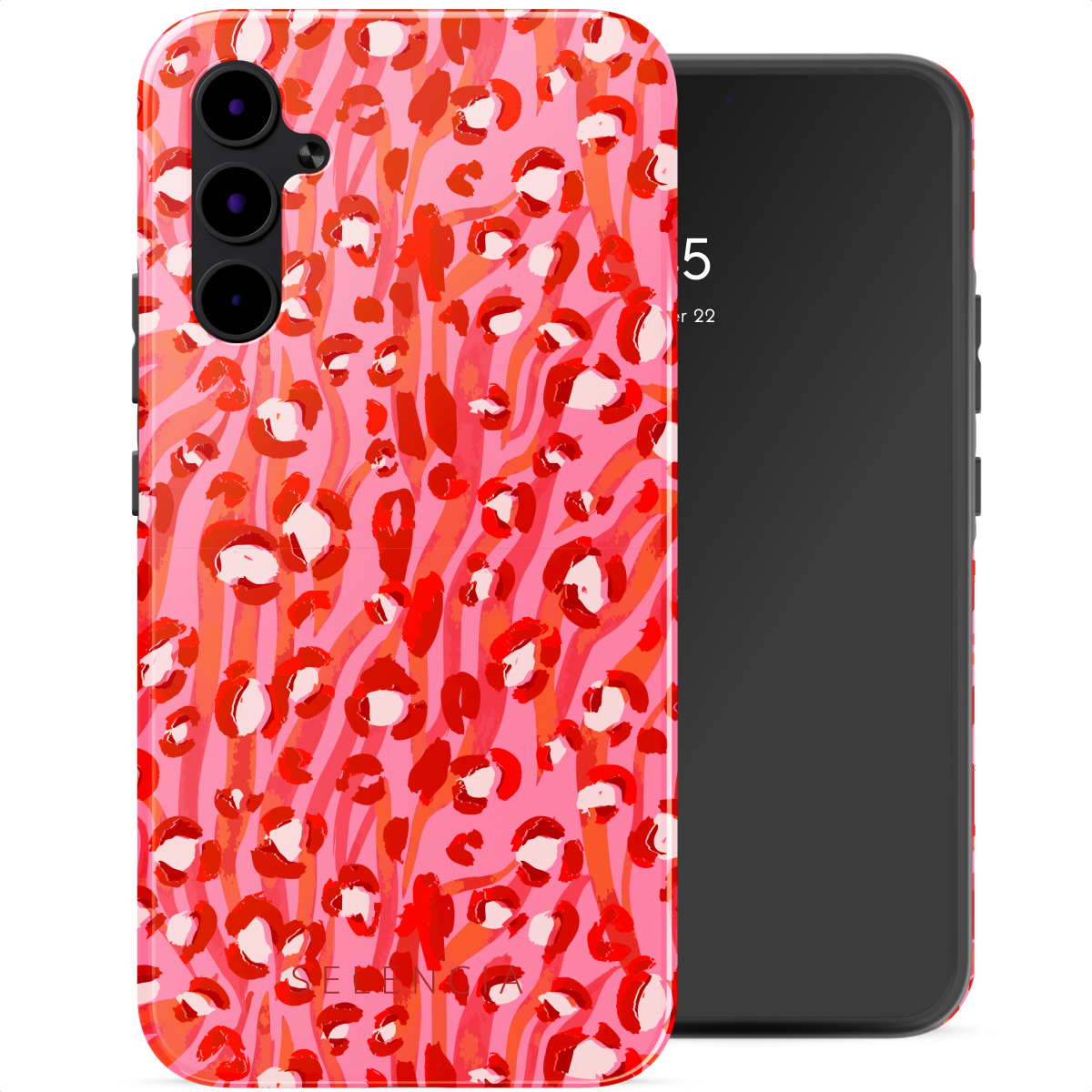 Roze telefoonhoesje met luipaardprint en een zwarte telefoon.