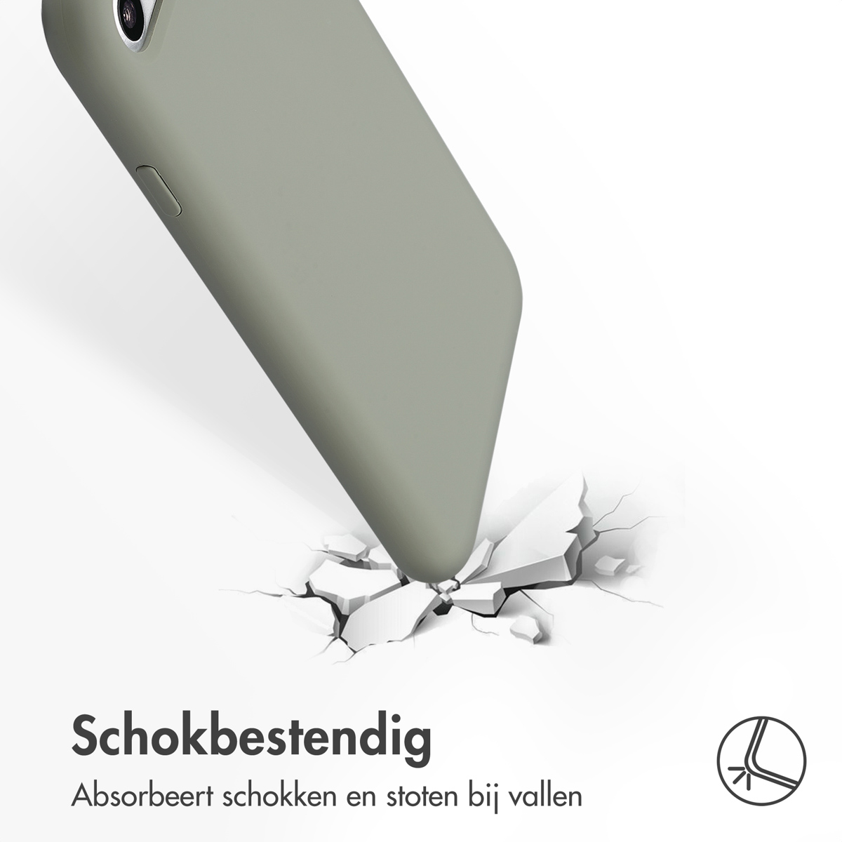 Groen telefoonhoesje staat op het punt een oppervlak te raken, waardoor het barst. Tekst: Schokbestendig.