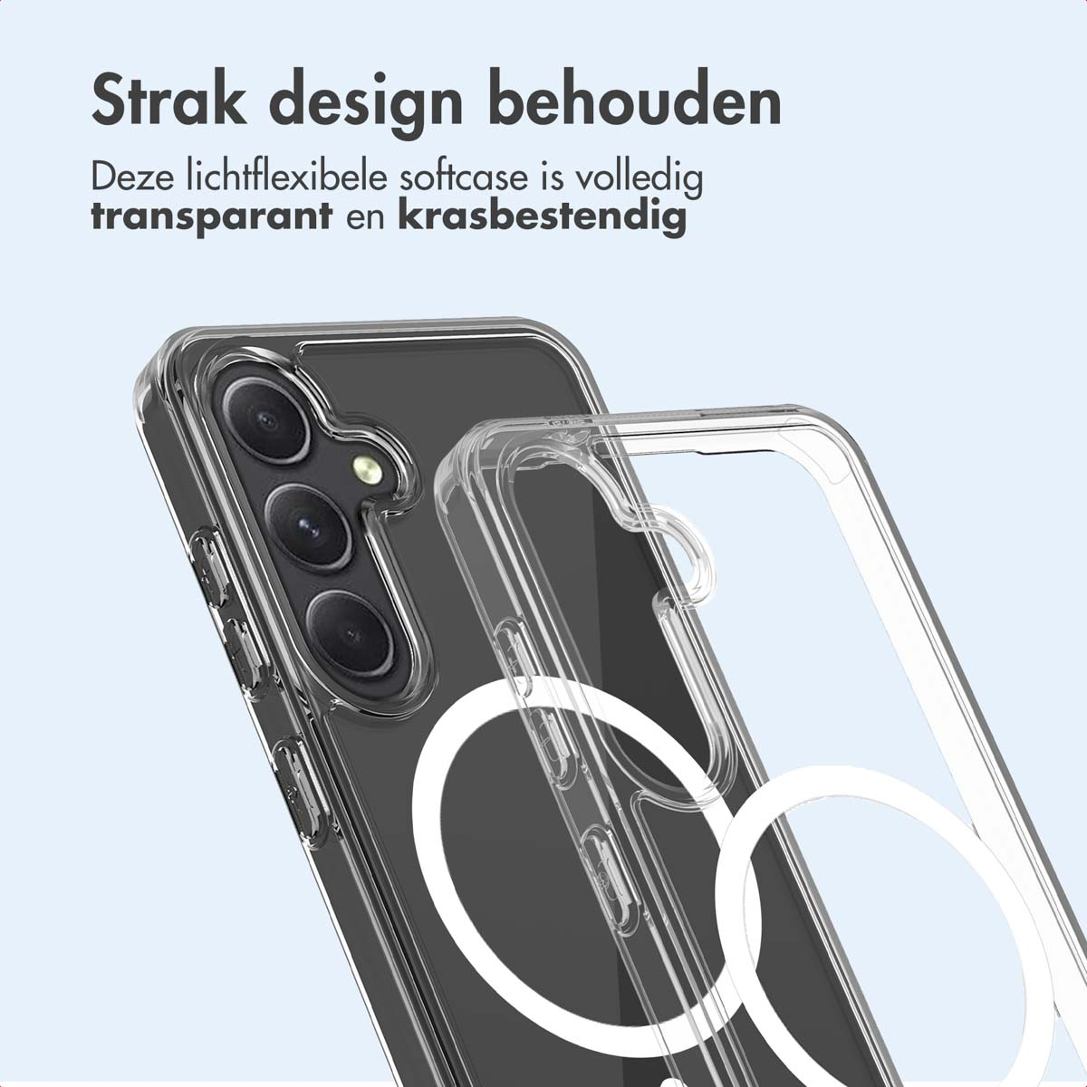 Een doorzichtige telefoonhoes met een witte cirkel en een zwarte telefoon.