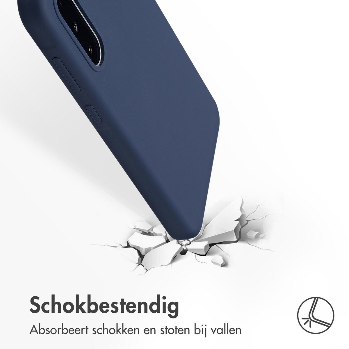 Custodia per telefono che cade e rompe una superficie. Il telefono è in una custodia blu.