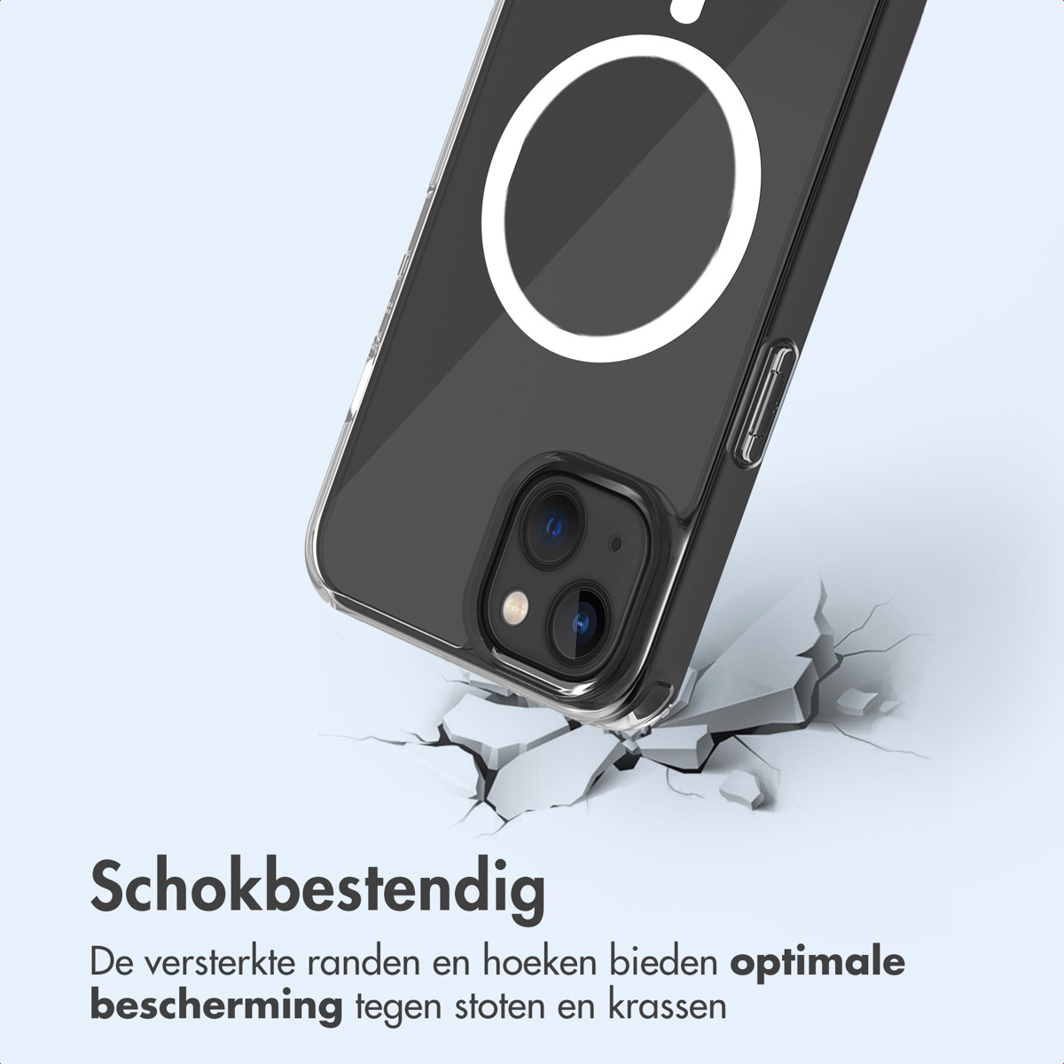 Een doorzichtige telefoonhoes met een witte cirkel. De telefoonhoes slaat op een oppervlak en veroorzaakt scheuren.