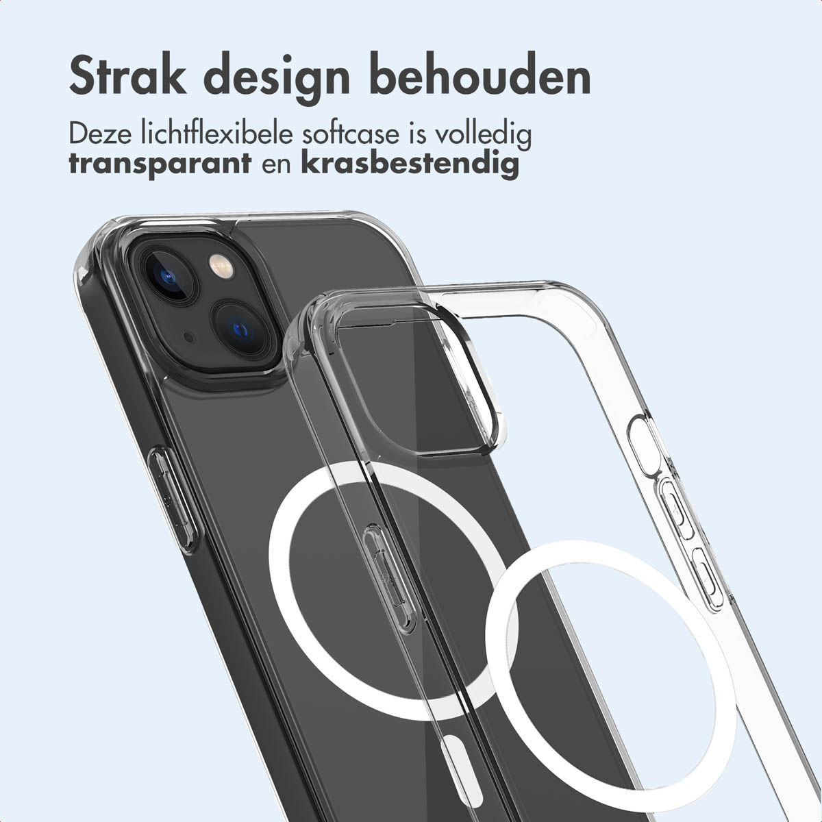 Een doorzichtige telefoonhoes wordt over een telefoon getoond.