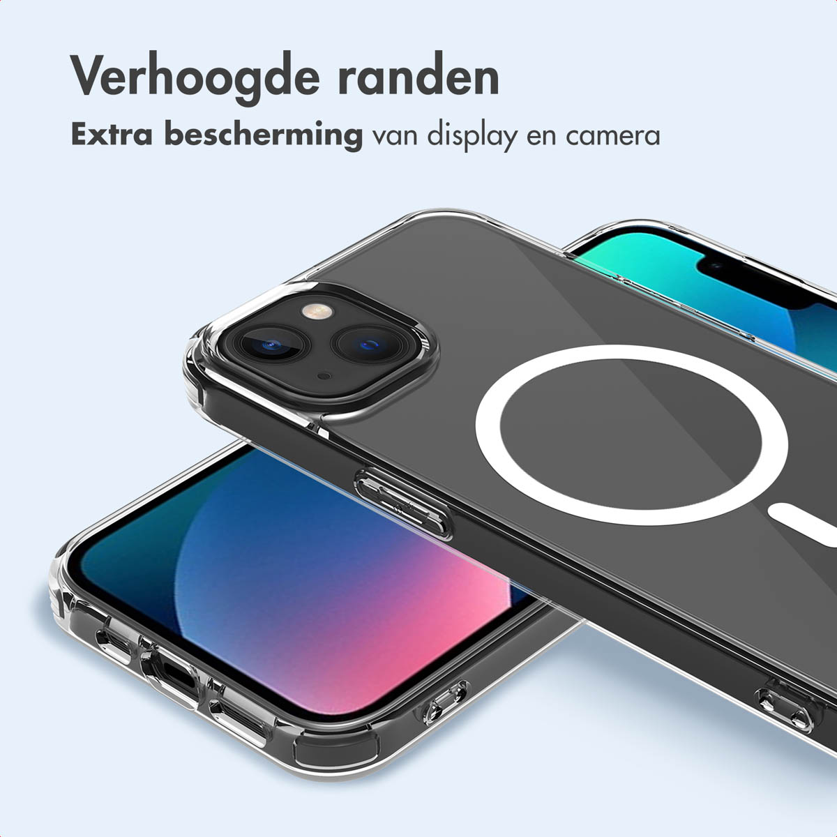 Transparant telefoonhoesje met een witte cirkel en een zwarte telefoon.