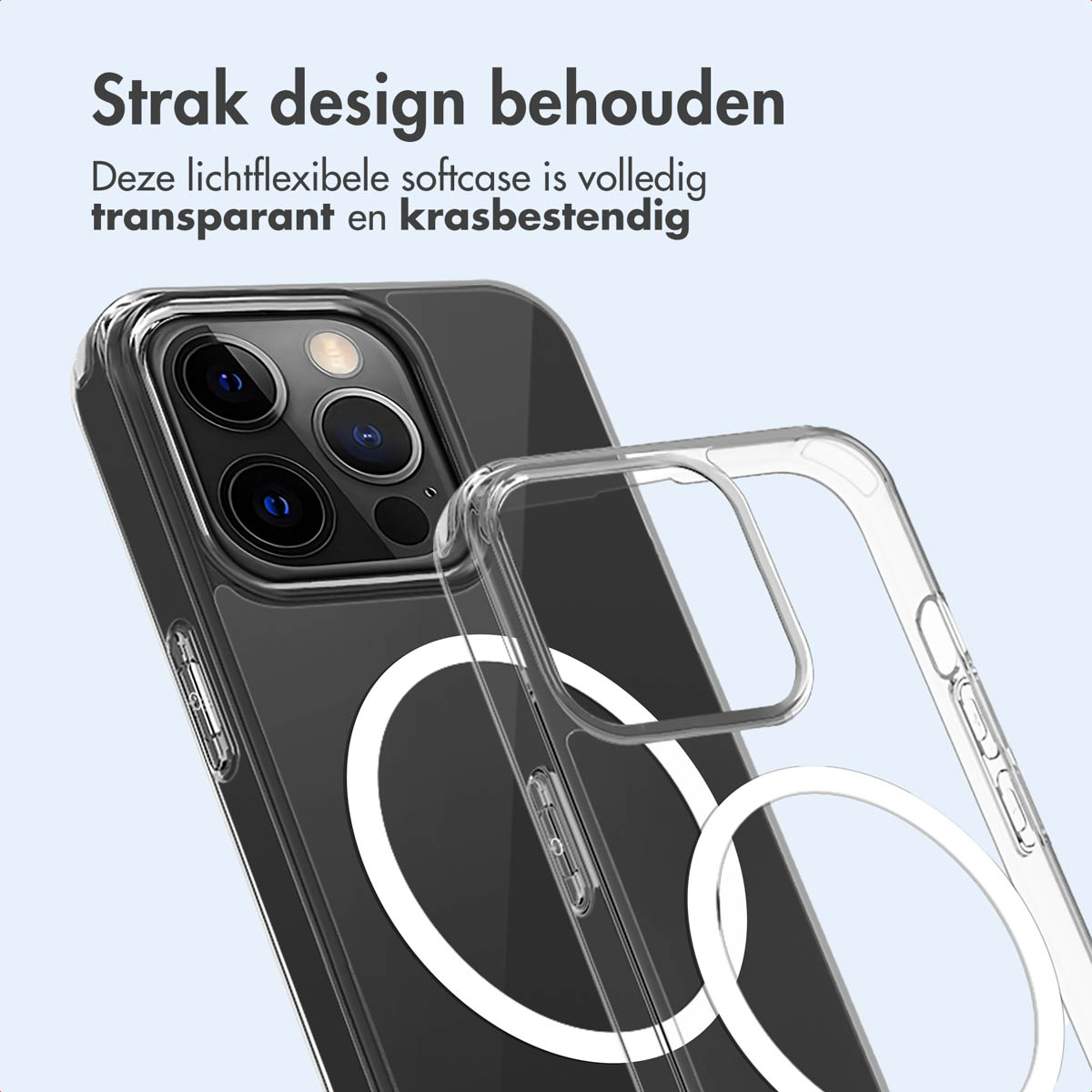 Coque transparente sur un téléphone. Texte en haut. La coque brise la surface.