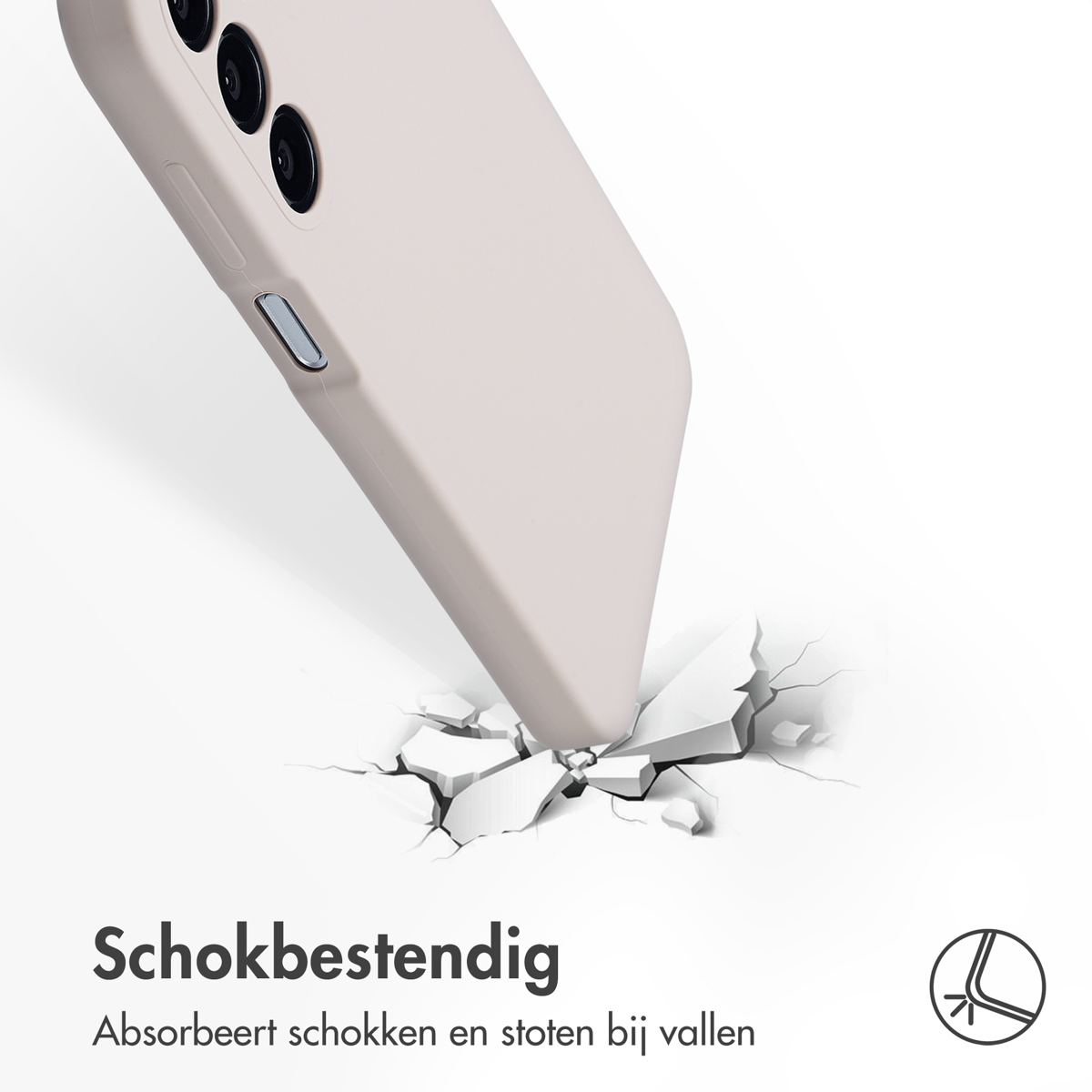 Eine hellfarbene Handyhülle fällt, Risse bilden sich beim Aufprall. Text sagt 'Stoßfest'.