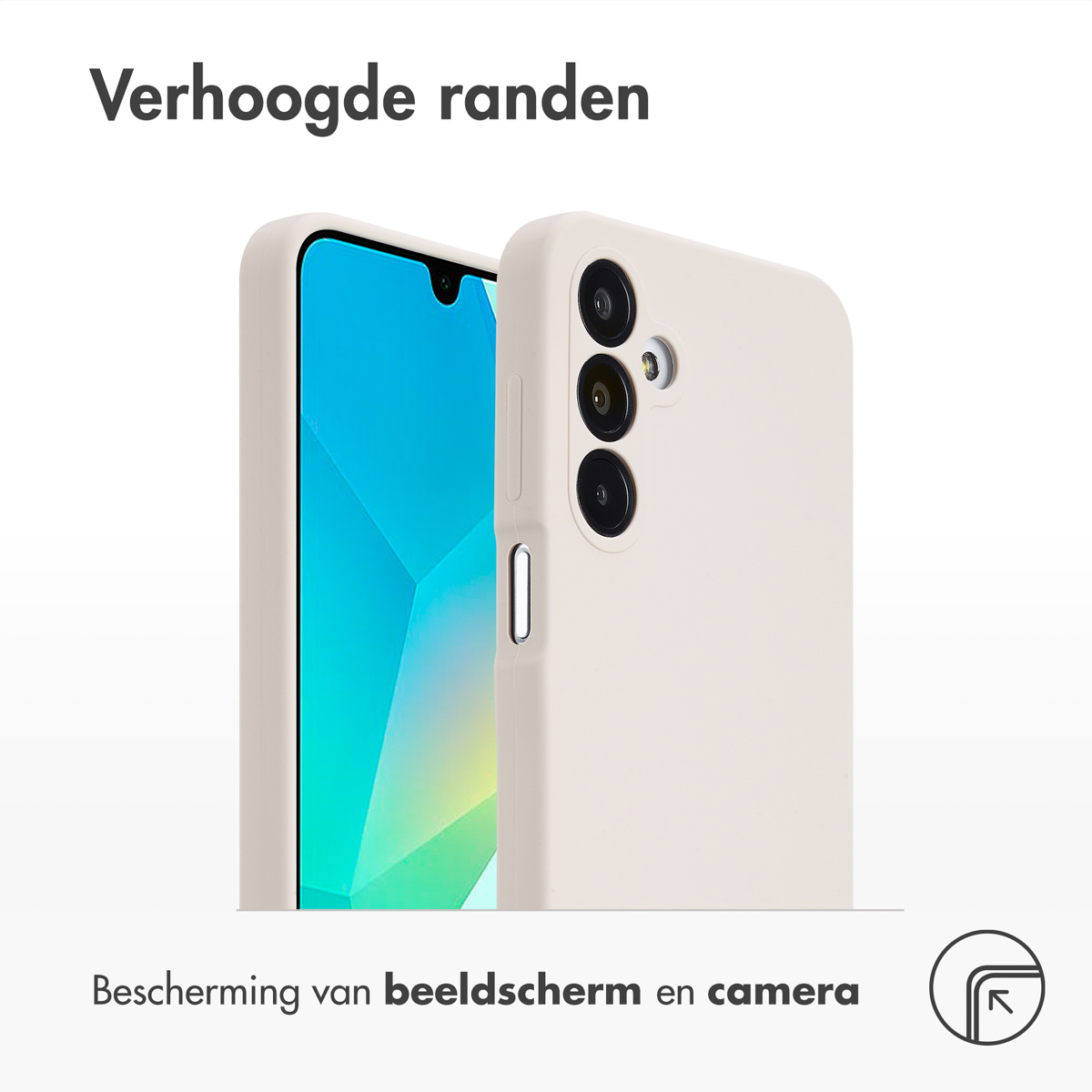 Eine beige Handyhülle neben einem Telefon mit blauem Bildschirm.