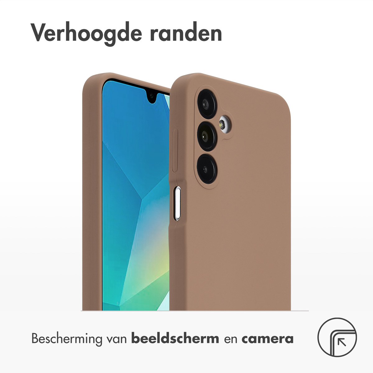 Eine braune Handyhülle neben einem Telefon mit blauem Bildschirm.