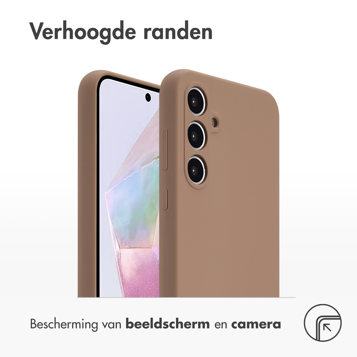Telefon und Hülle, beige, erhöhte Ränder, weißer Hintergrund.