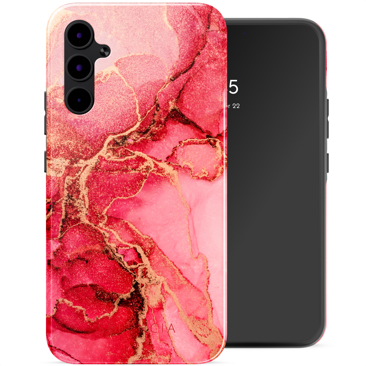Telefoonhoesje met roze marmerdesign en een zwarte telefoon.