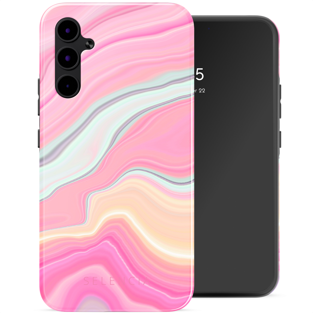Roze marmer-design telefoonhoesje. Telefoon staat aan de rechterkant.