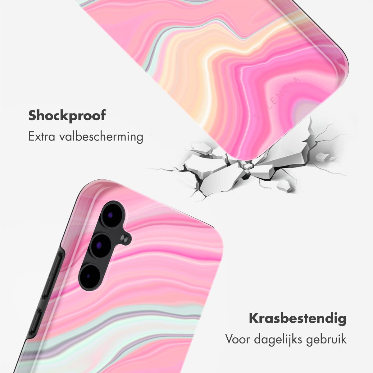Roze marmeren telefoonhoesje met tekst en een scheurillustratie.