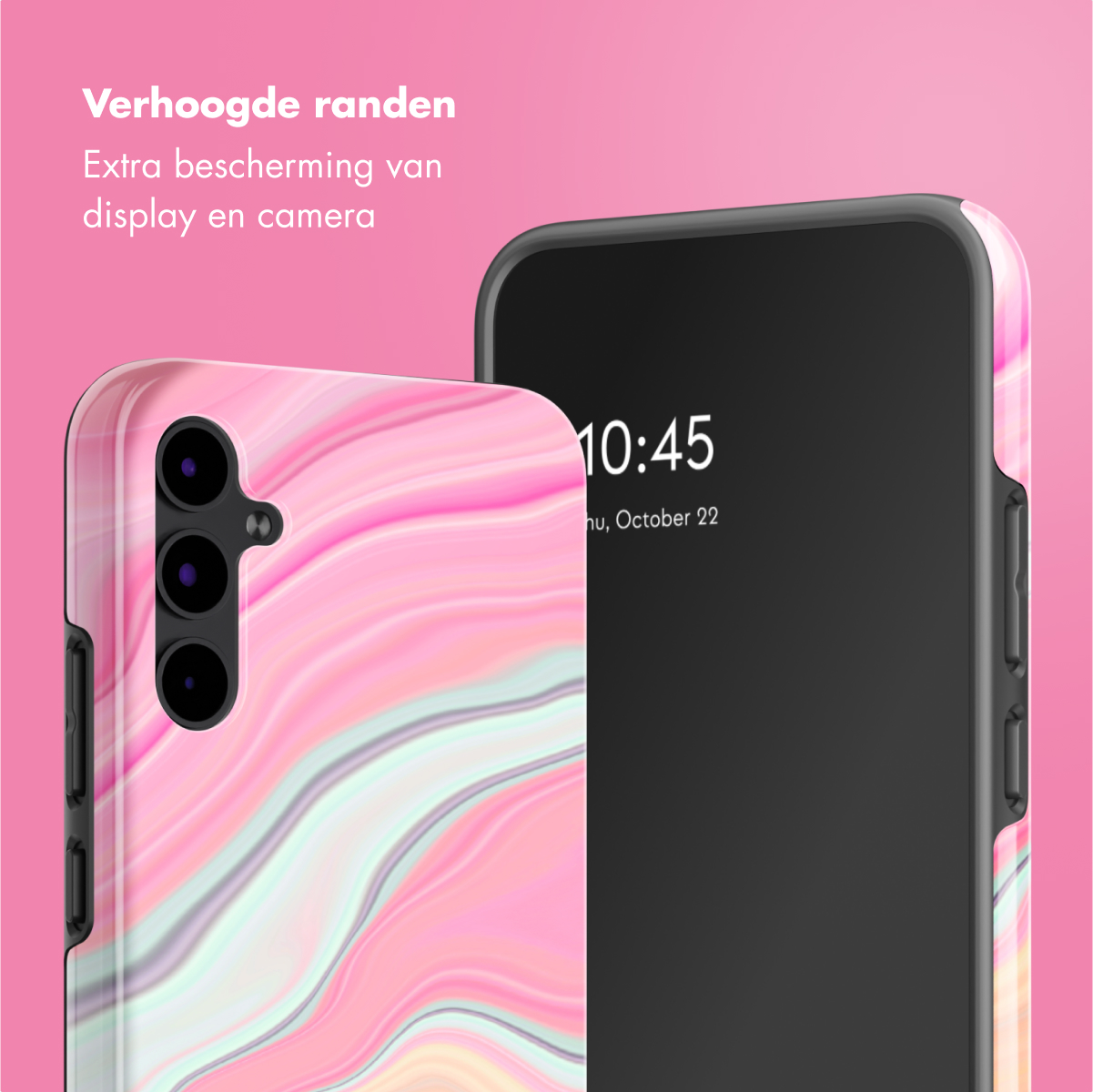 Telefoon in een roze hoesje met een marmerpatroon. De telefoon staat rechts.