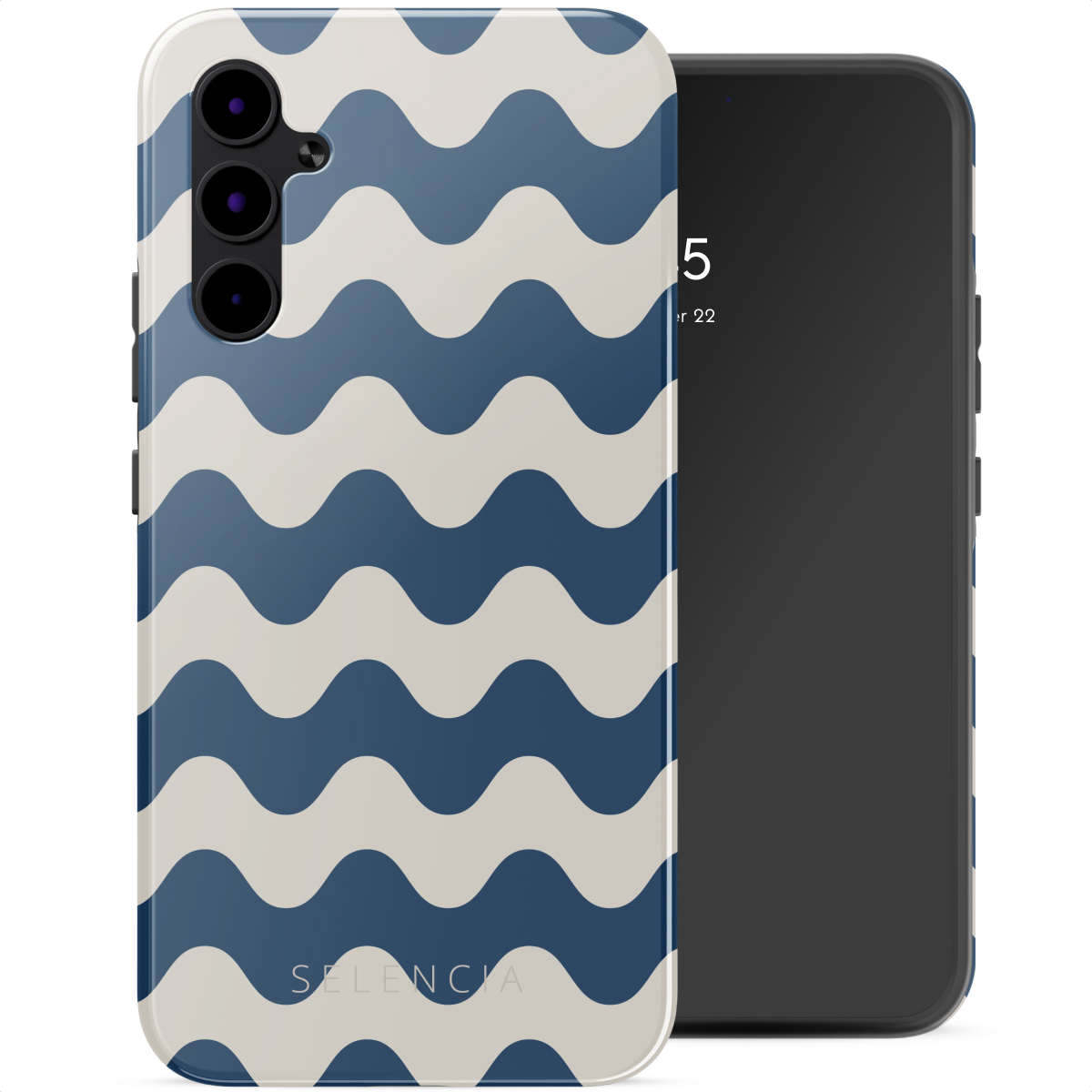 Telefono con custodia a onde blu, sfondo bianco e nero.