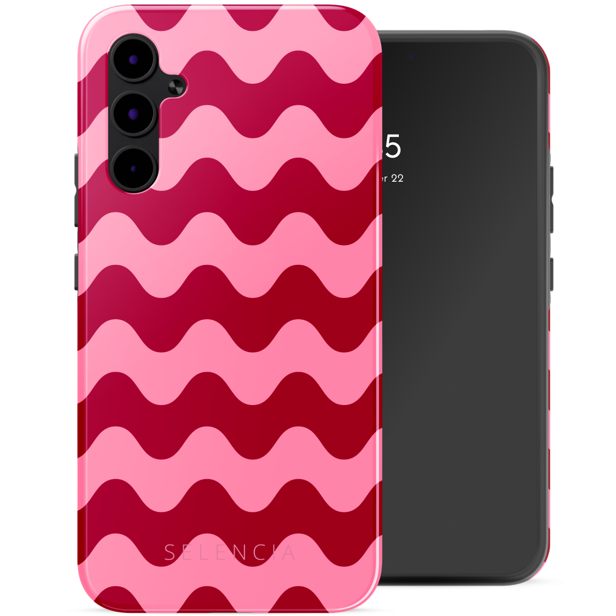 Una custodia per telefono con un motivo a onde rosa e rosse, accanto a un telefono nero. Il marchio 'Selencia'.