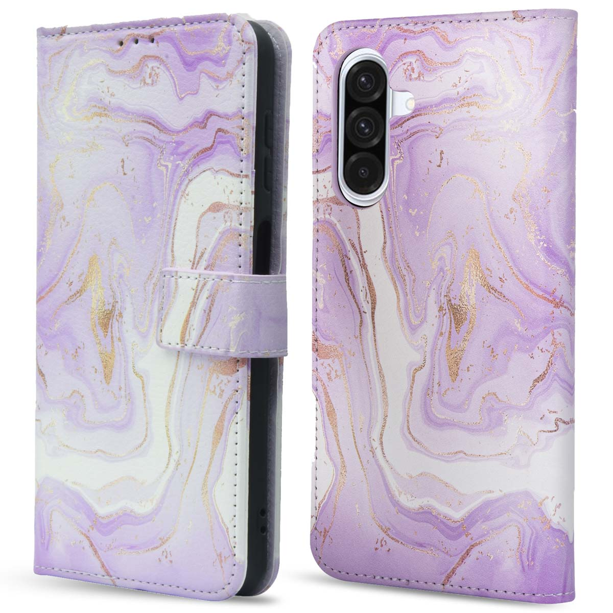 Een telefoonhoes met een marmeren design, telefoon en magnetische sluiting.
