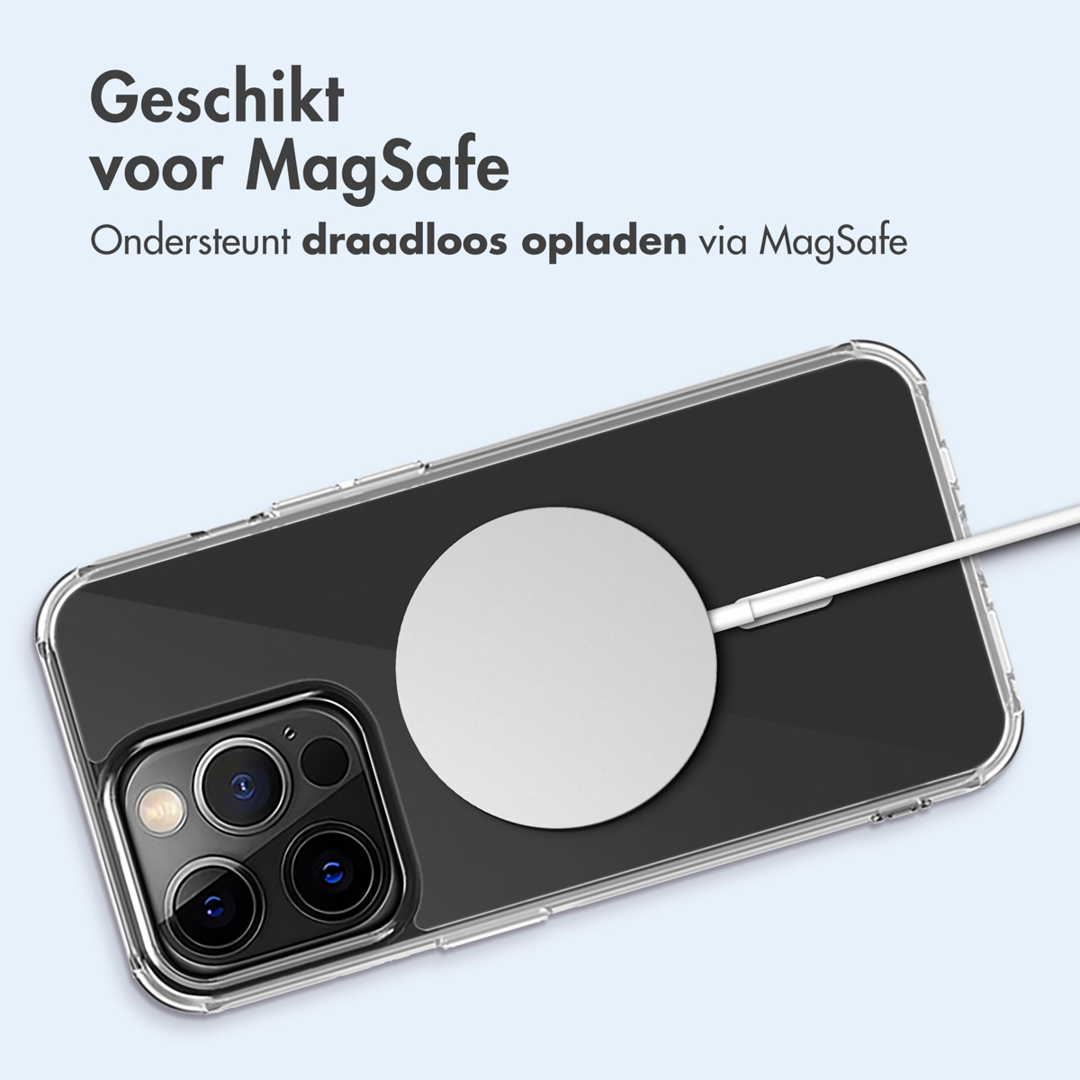 Custodia trasparente con un cerchio bianco, che carica un telefono.
