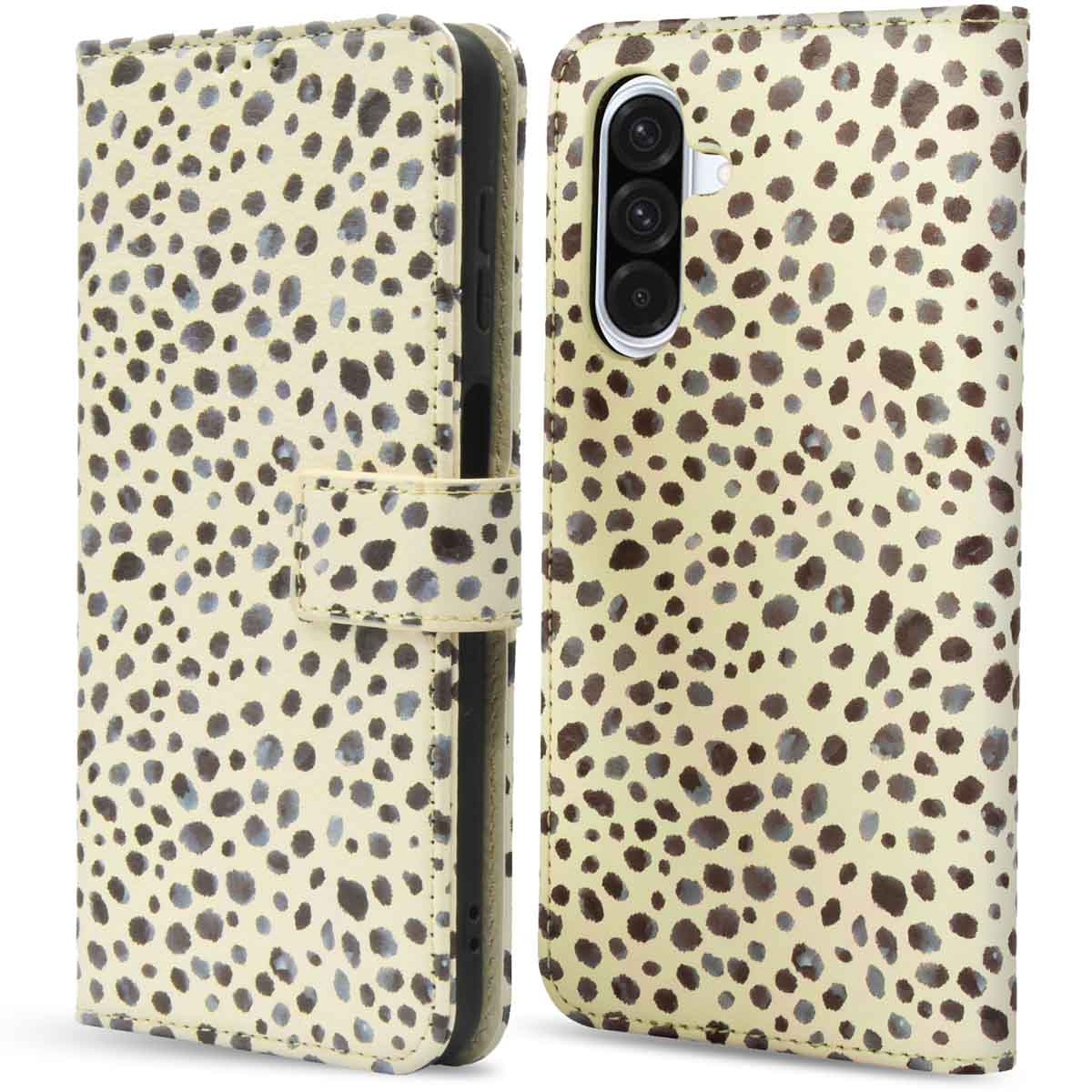 Telefoonhoesje, crème met donkere stippen, open met telefoon.