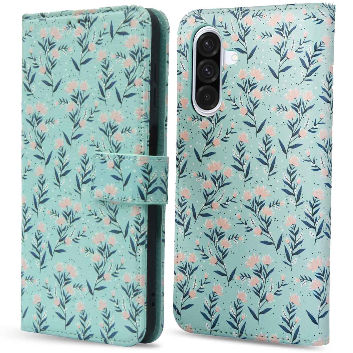 Een turquoise bloemen telefoonhoesje, opengeklapt om een telefoon te onthullen. Roze bloemen en marineblauwe bladeren.