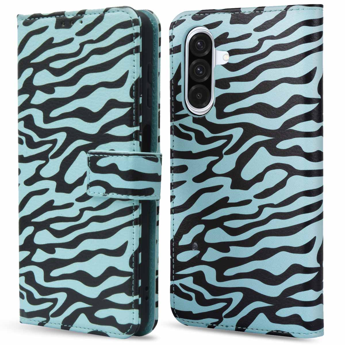Telefoonhoesje in een teal zebraprint. Het hoesje is open en toont de telefoon.