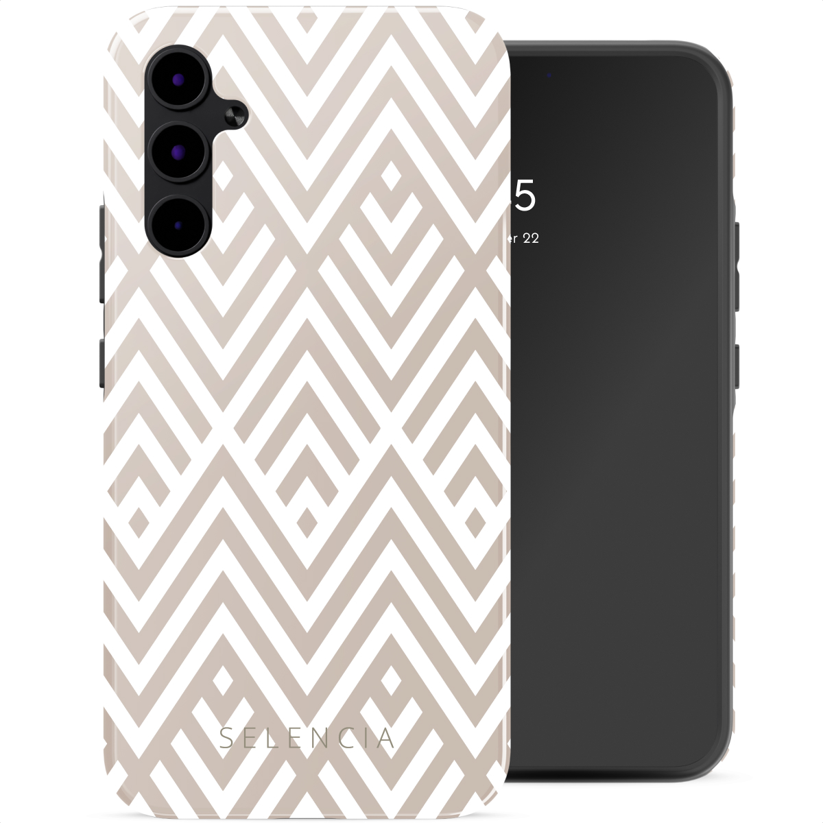 Telefono con custodia beige a fantasia e schermo nero con data.