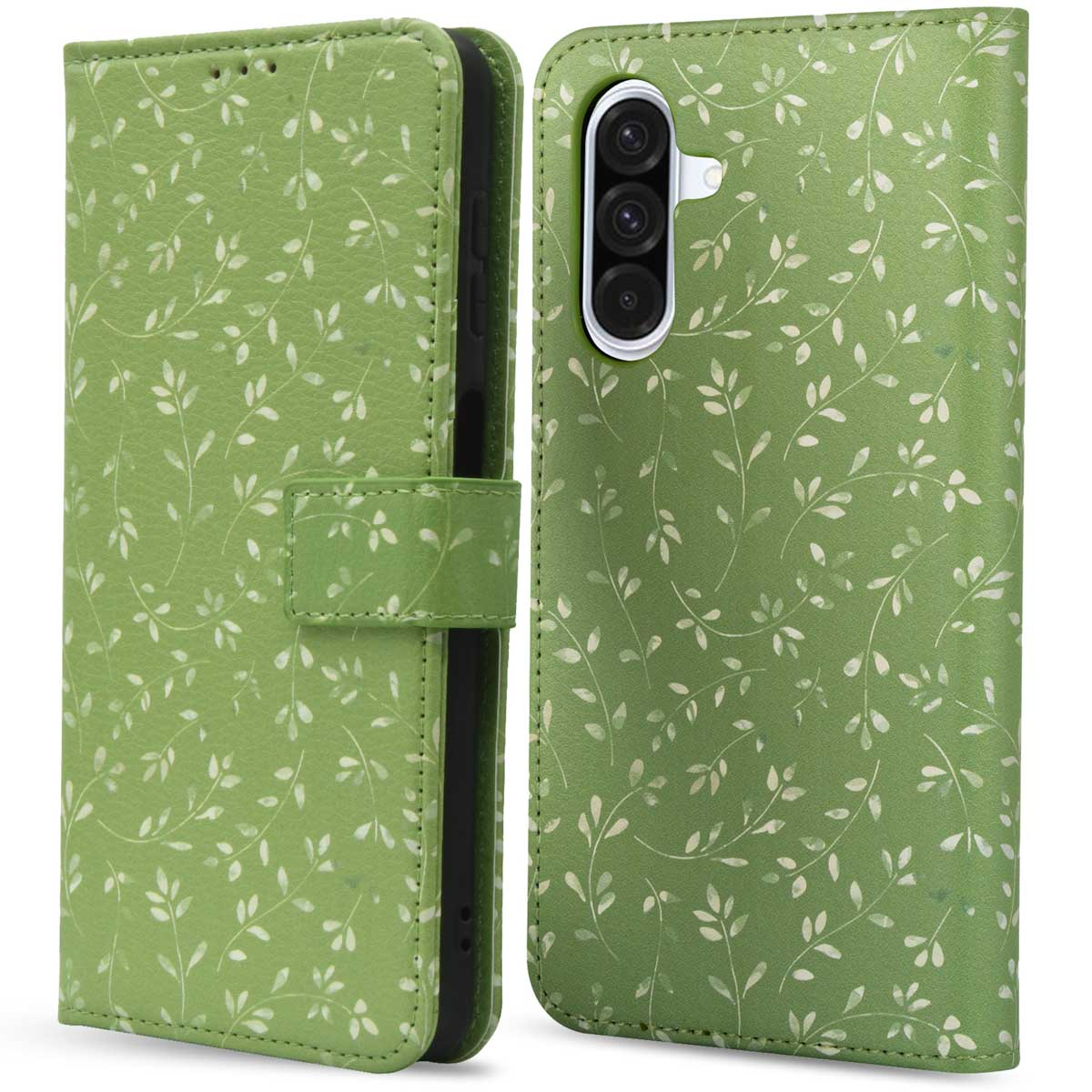 Groene telefoonhoes met bladpatroon. Toont de camera van de telefoon.